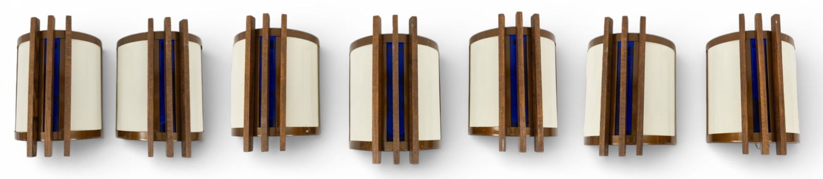 Frank Lloyd Wright Style Oak & Faux Mica Sconces, Ca. 1970's, H 16" W 10.75" Depth 7" 7 PCS (1 of 5)