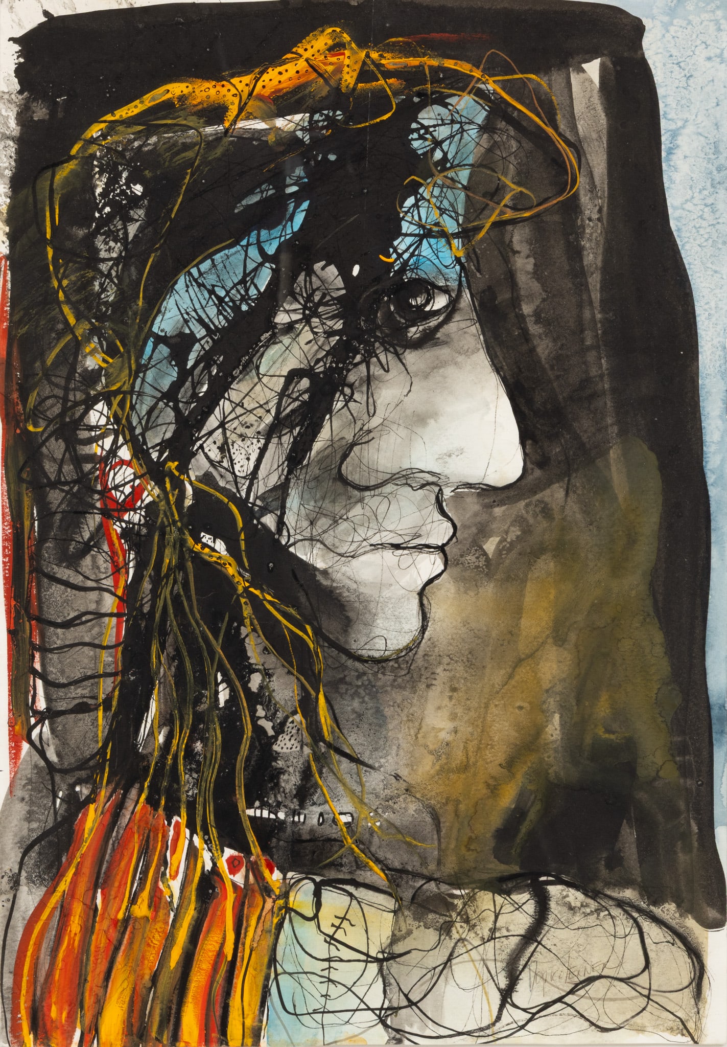 Vincente Dopico-Lerner (Cuban, USA, 1943-2020) Watercolor H 21" W 14.7" Frame Size: H 27" W 20": Vincente Dopico-Lerner (Cuban, USA, 1943-2020) Watercolor H 21" W 14.7" Frame Size: H 27" W 20" Abstract profile in black, orange, yellow. Floated in frame. Museum glass. Signed. Dimensions: H 2