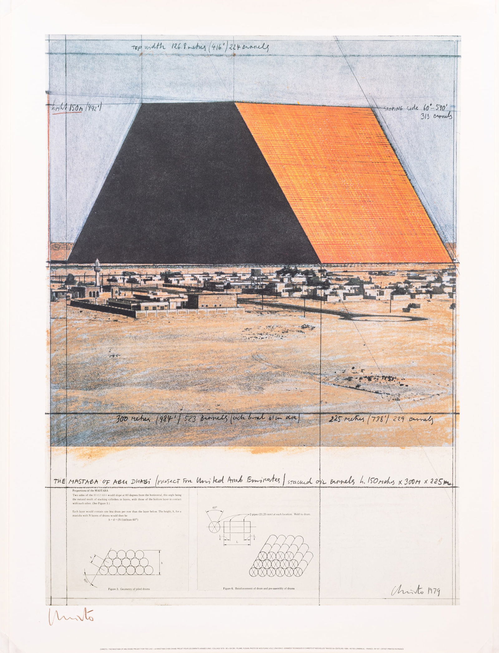 Christo and Jeanne-Claude (American) Hand Signed Offset Lithograph, 1986, 'La Mastaba Du Abu Dhabi',: Christo and Jeanne-Claude (American) Hand Signed Offset Lithograph, 1986, 'La Mastaba Du Abu Dhabi', H 31.5" W 23.25" The full sheet. Unframed. Hand signed lower left. Dimensions: H 31.5" W 23.2