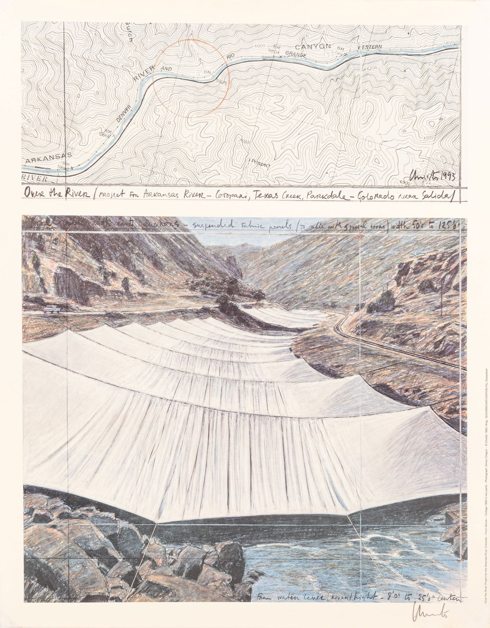 Christo and Jeanne-Claude (American) Signed Offset Lithograph on Wove Paper 1993, 'On the River', H: Christo and Jeanne-Claude (American) Signed Offset Lithograph on Wove Paper 1993, 'On the River', H 32.2" W 25" Pencil signed lower right. Published by Kunstverlag Schumacher, Düsseldorf . T
