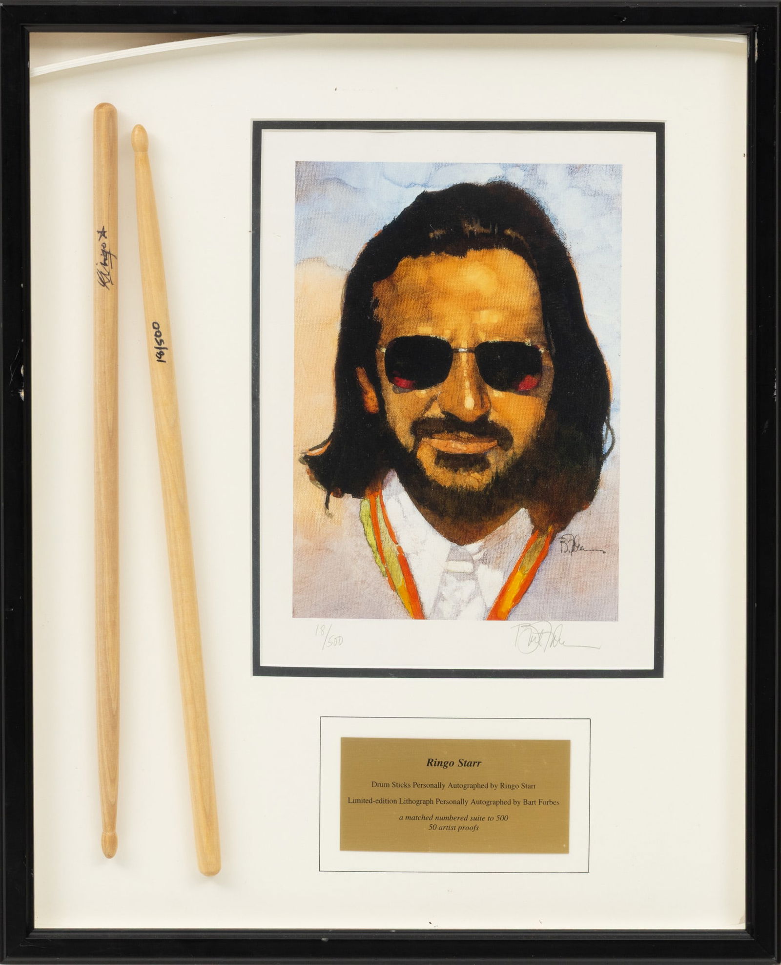Ringo Starr Signed Drumsticks with Lithograph 1997, Frame Size: H 21" W 17" (1 of 7)