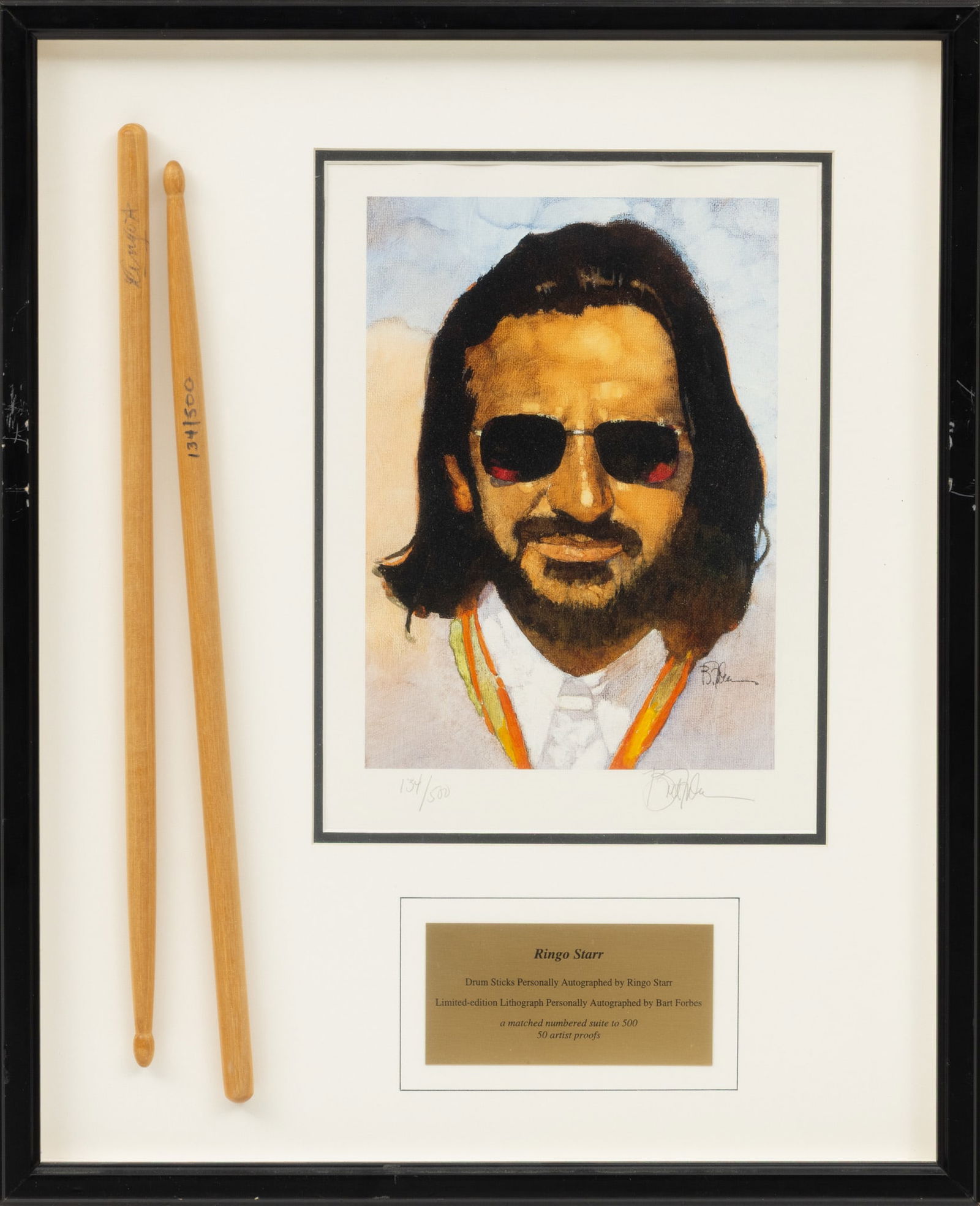 Ringo Starr Signed Drumsticks with Lithograph 1997, Frame Size: H 21" W 17" (1 of 6)