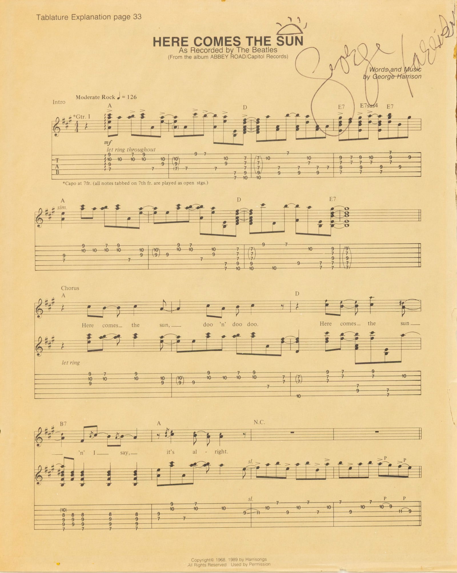 George Harrison Autographed 'Here Comes the Sun' Sheet Music Page, H 10" W 7.75" Frame Size: H 17.5" (1 of 3)