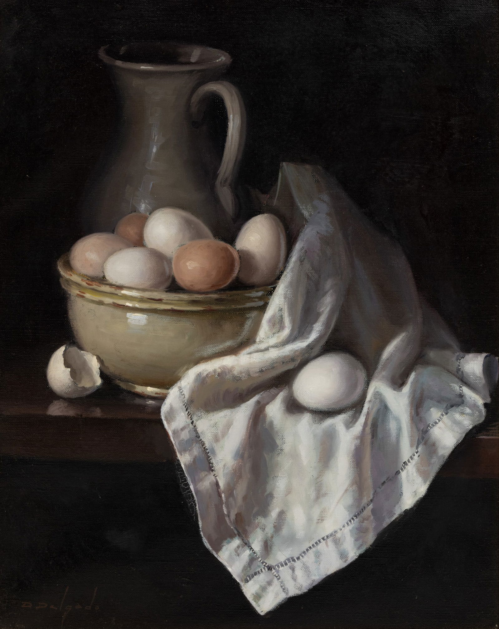 Domingo Delgado Velez (Spanish, B. 1932) Oil on Canvas Still Life with Eggs and Pitcher H 20.75" W: Domingo Delgado Velez (Spanish, B. 1932) Oil on Canvas Still Life with Eggs and Pitcher H 20.75" W 17.5" Frame Size: H 28.75" W 25" Signed lower left. Depicting a bowl of eggs in front of a pitcher. D