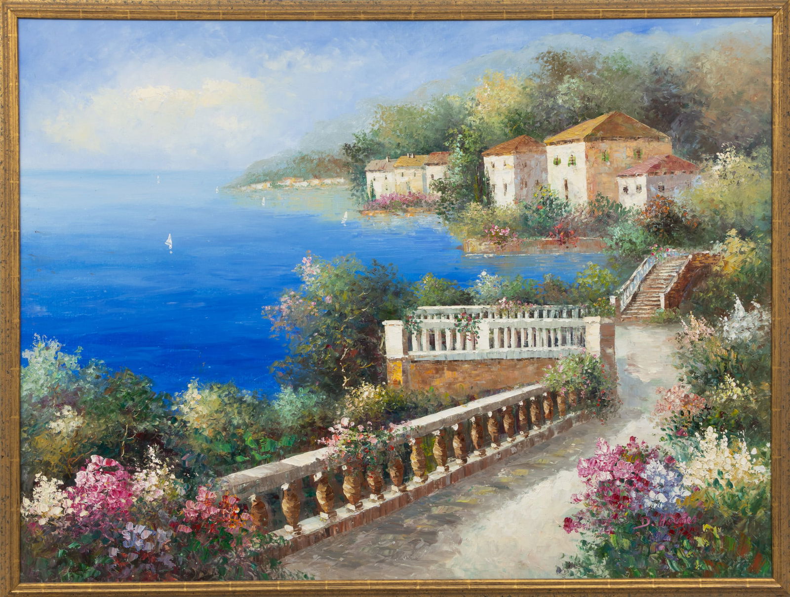 D. Holmes (American, 20th C.) Oil on Canvas, Late 20th C., 'Coastal View', H 36" W 48" Frame Size: H: D. Holmes (American, 20th C.) Oil on Canvas, Late 20th C., 'Coastal View', H 36" W 48" Frame Size: H 38.25" W 50.25" Signed D. Holmes in the lower right. Coastal view with blossoming roses along a ter