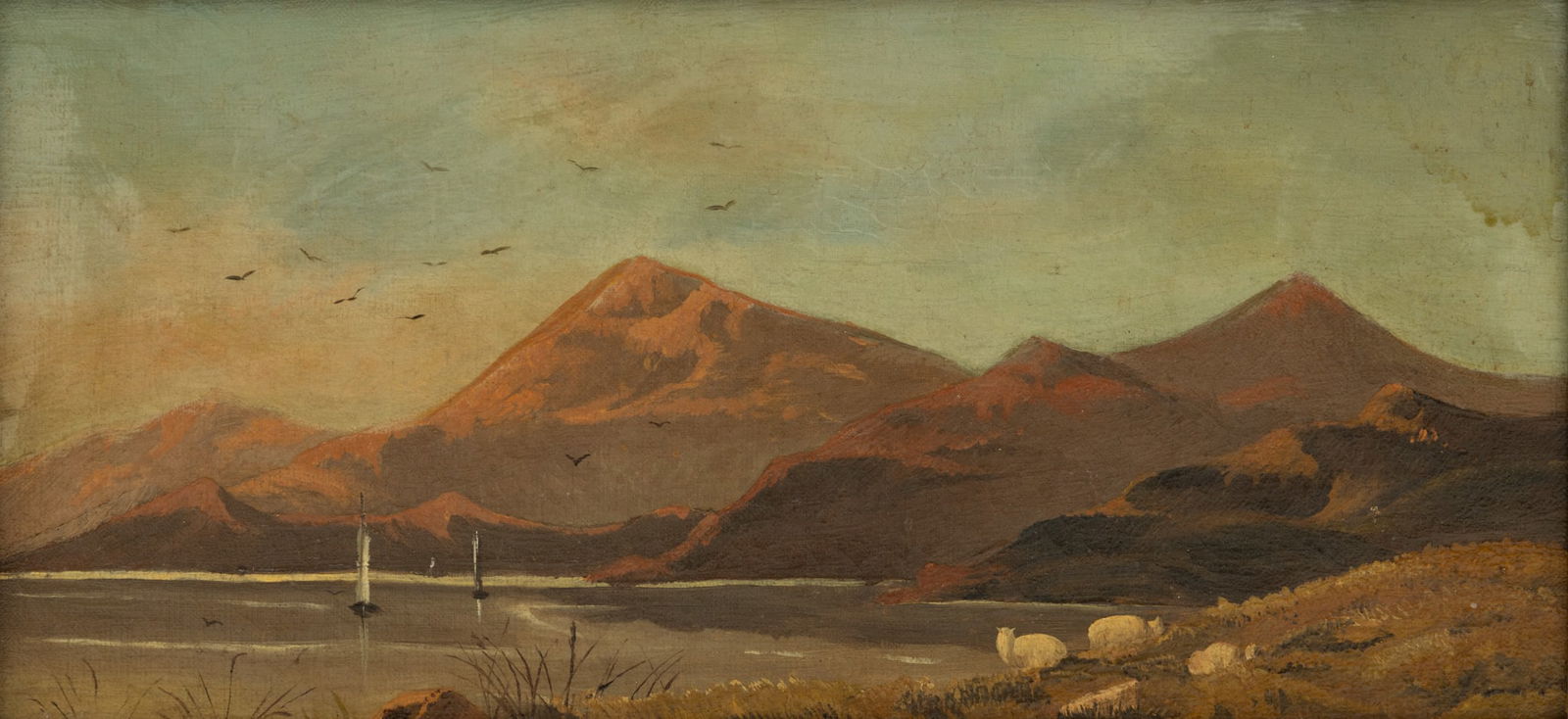 European Oil on Canvas, 19th.c., 'Mediterranean Mountainscape', H 8" W 16" Frame Size: H 13" W 21" 1: European Oil on Canvas, 19th.c., 'Mediterranean Mountainscape', H 8" W 16" Frame Size: H 13" W 21" 1 PC Unsigned. Rugged coastal landscape with sailing vessels plying the waters. Having a giltwood fra