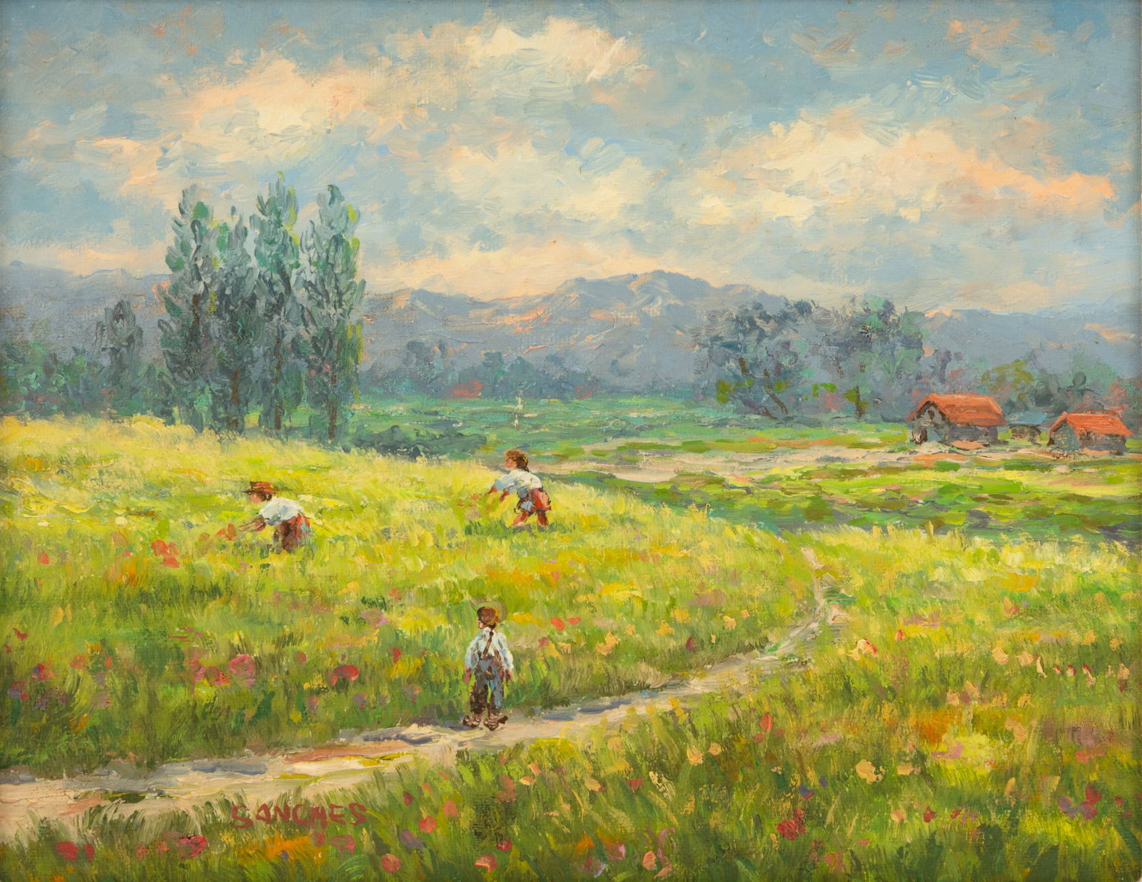 Bearing Signature Sanches Impressionist Style Oil on Canvas 20th C., 'Spring Landscape', H 8" W 10": Bearing Signature Sanches Impressionist Style Oil on Canvas 20th C., 'Spring Landscape', H 8" W 10" Dia. 15" Frame Size: H 17" Signed lower left. Framed. Children playing in a spring landscape. 