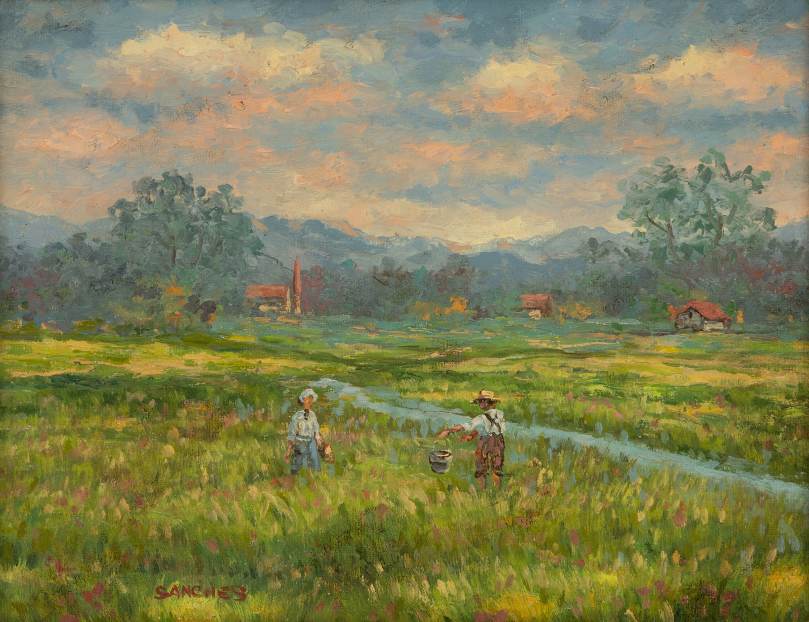 Bearing Signature Sanches Impressionist Style Oil on Canvas 20th C., 'Children in a Landscap', H 8": Bearing Signature Sanches Impressionist Style Oil on Canvas 20th C., 'Children in a Landscap', H 8" W 10" Frame Size: H 17" W 19" Signed lower left. Framed. Children picking flowers in an impressionis