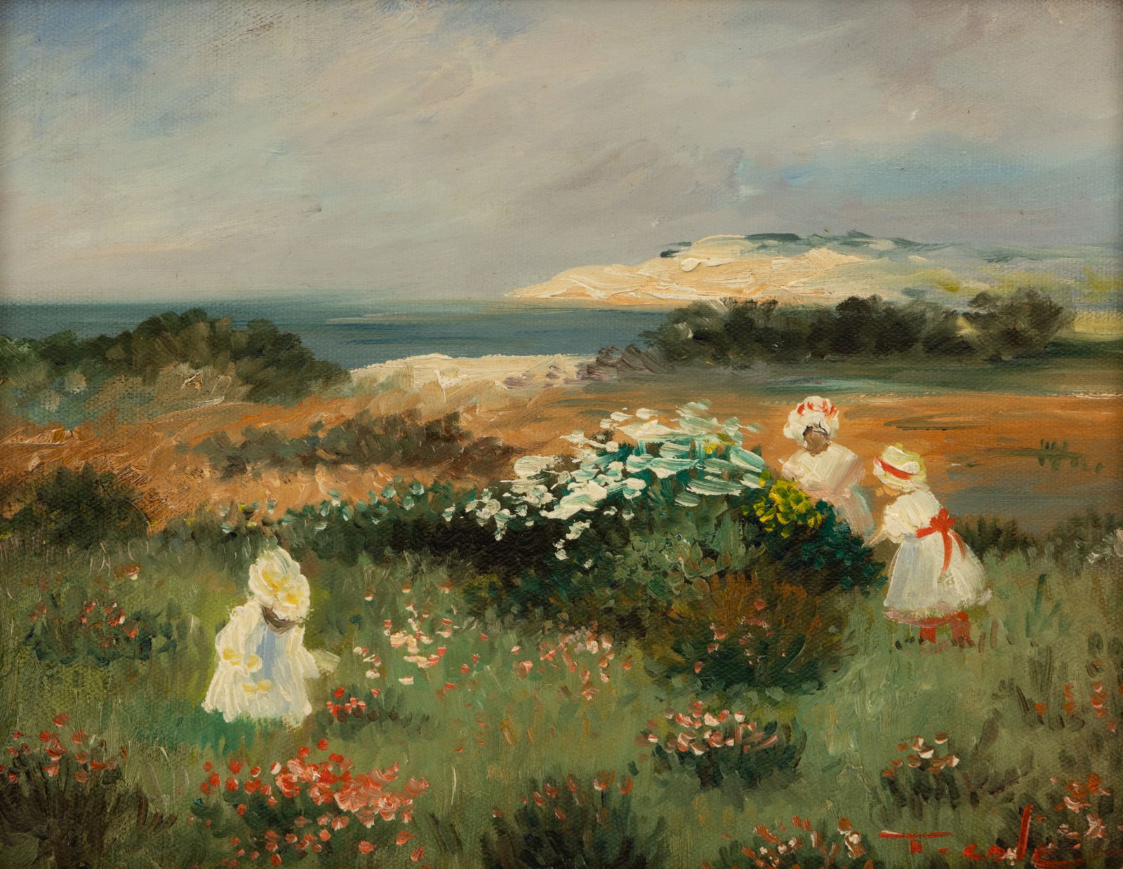 Bearing Signature T. Cole Impressionist Style Oil on Canvas 20th C., 'Picking Poppies', H 8" W 10": Bearing Signature T. Cole Impressionist Style Oil on Canvas 20th C., 'Picking Poppies', H 8" W 10" Frame Size: H 16" W 18" Signed lower right. Framed. Women picking poppies in a meadow. Provenan