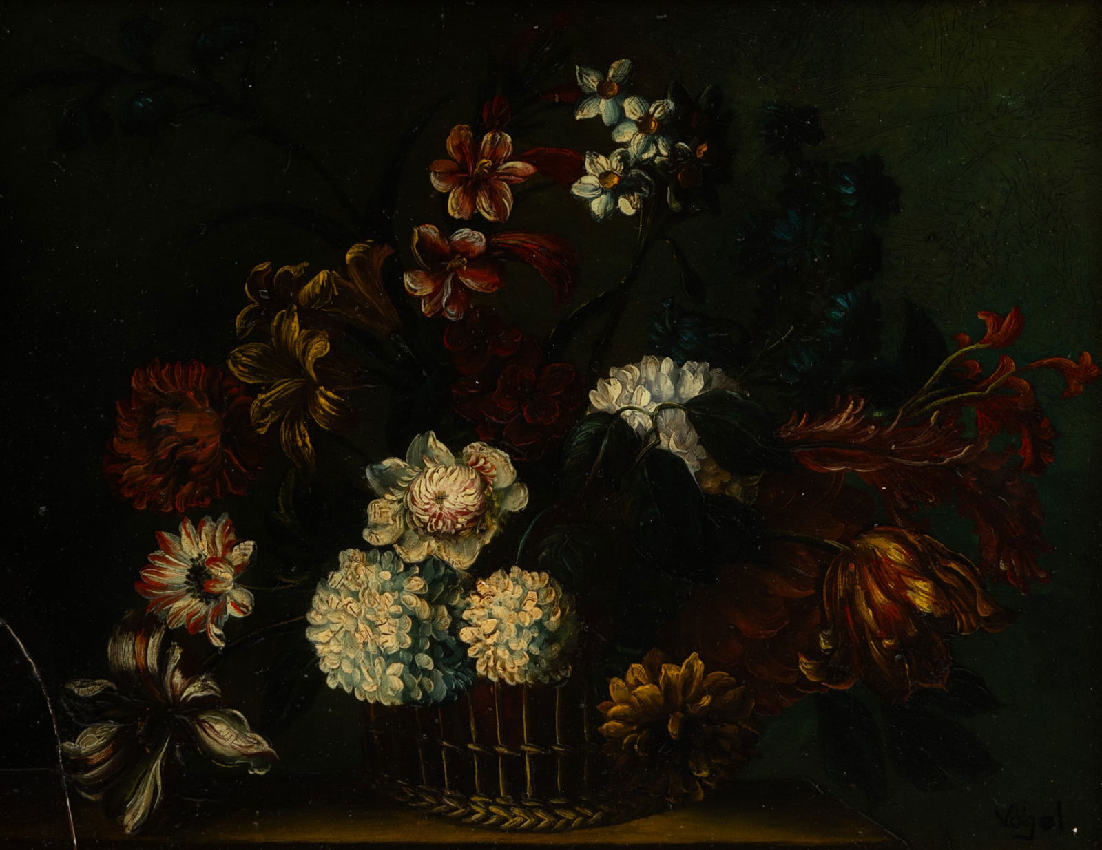 Bearing Signature Vogl Dutch Golden Age Style Oil on Wood Panel 20th C., 'Flowers', H 8" W 10" Frame: Bearing Signature Vogl Dutch Golden Age Style Oil on Wood Panel 20th C., 'Flowers', H 8" W 10" Frame Size: H 16" W 18" Signed lower right. Framed. Flowers in a basket. Provenance: Property from