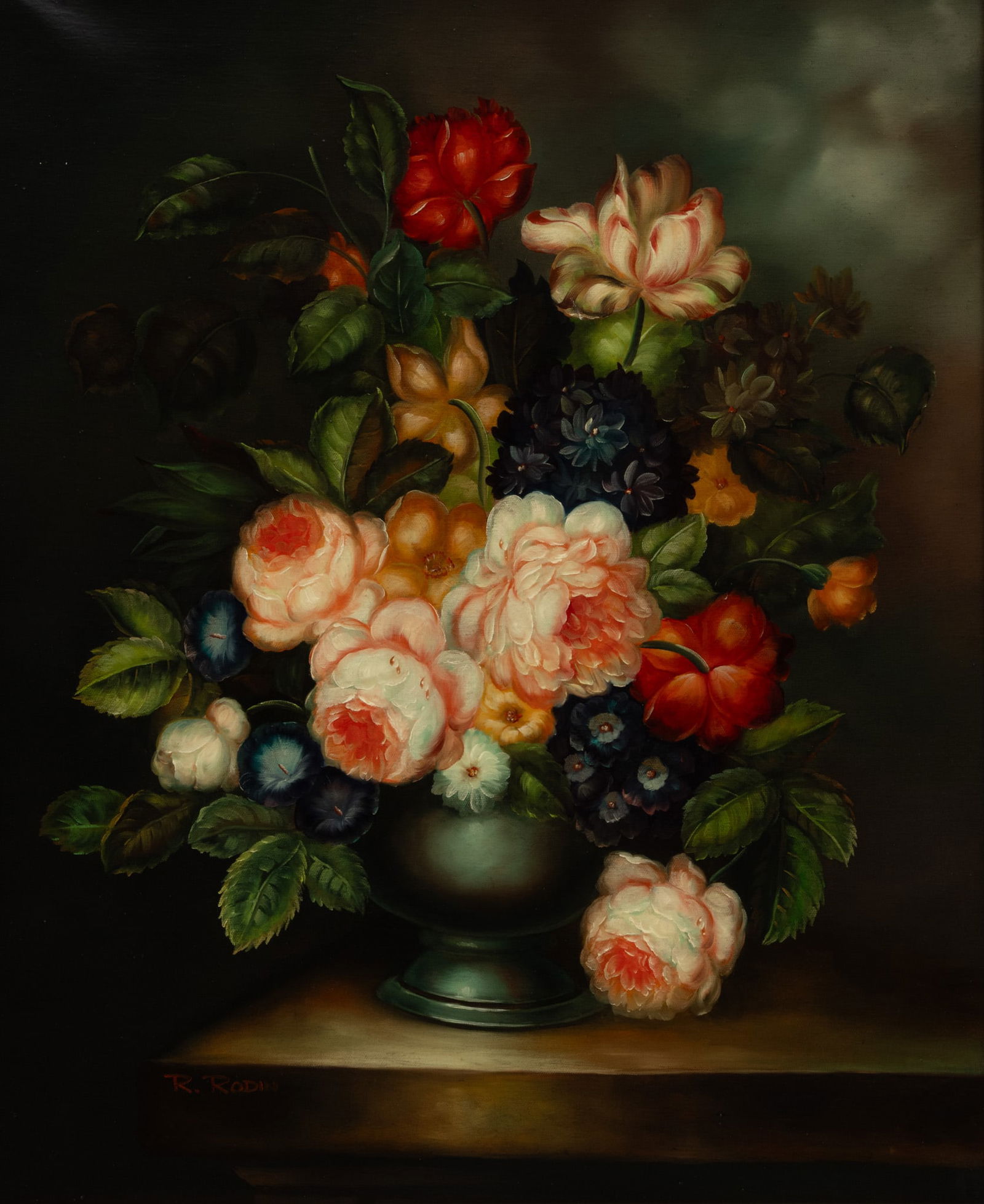 Bearing Signature R. Rodin Dutch Golden Age Style Oil on Canvas 20th C., 'Flowers in a Vase', H 24" (1 of 5)