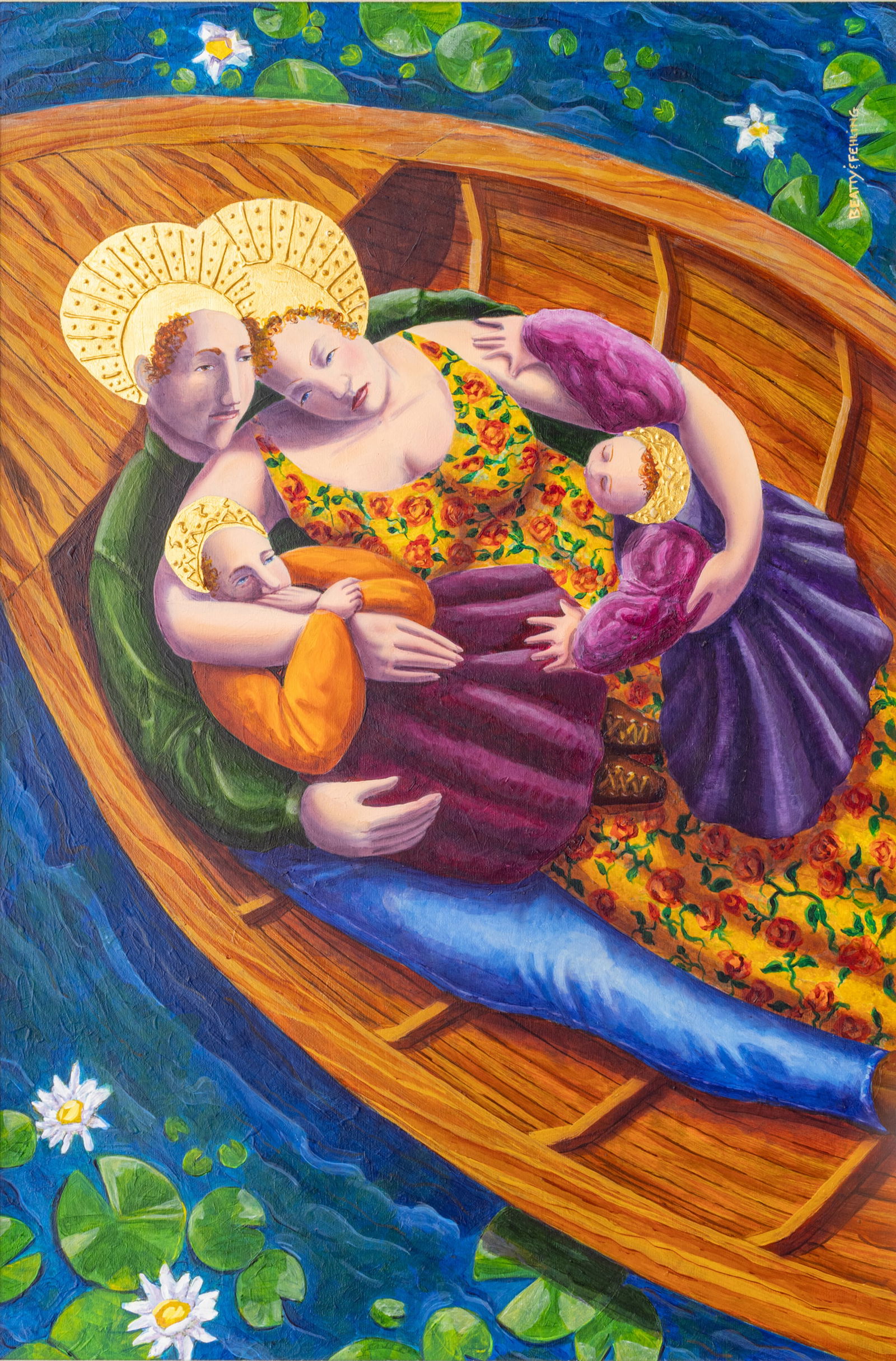 Laura Beatty and John Fehling Oil and Gold Leaf Canvas H 22" W 33" Frame Size: H 27" W 38": Laura Beatty and John Fehling Oil and Gold Leaf Canvas H 22" W 33" Frame Size: H 27" W 38" Depicting a family in a boat with gold leaf hallows. Signed upper right. Provenance: From a prominent art co