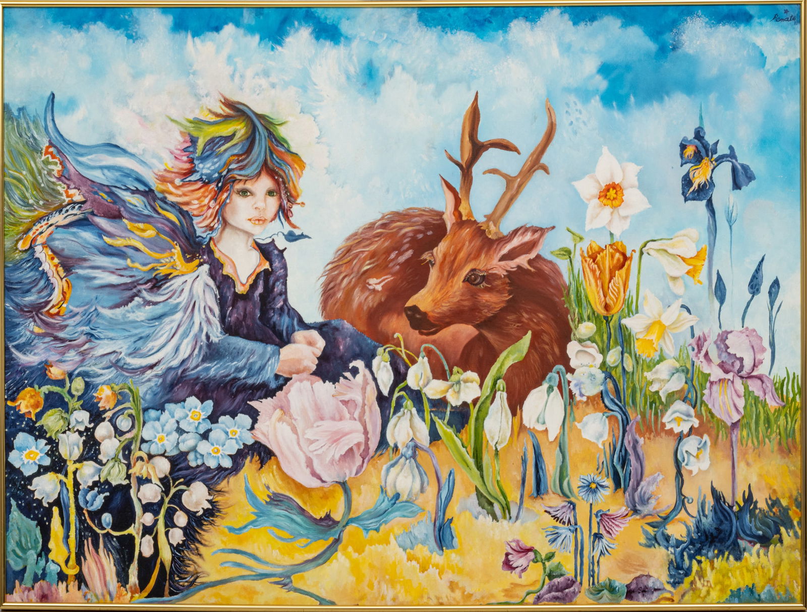 Renate Roske-Shelton (Canadian) Oil on Canvas Woodland Fairy with Deer, H 51" W 71" Frame Size: H (1 of 9)