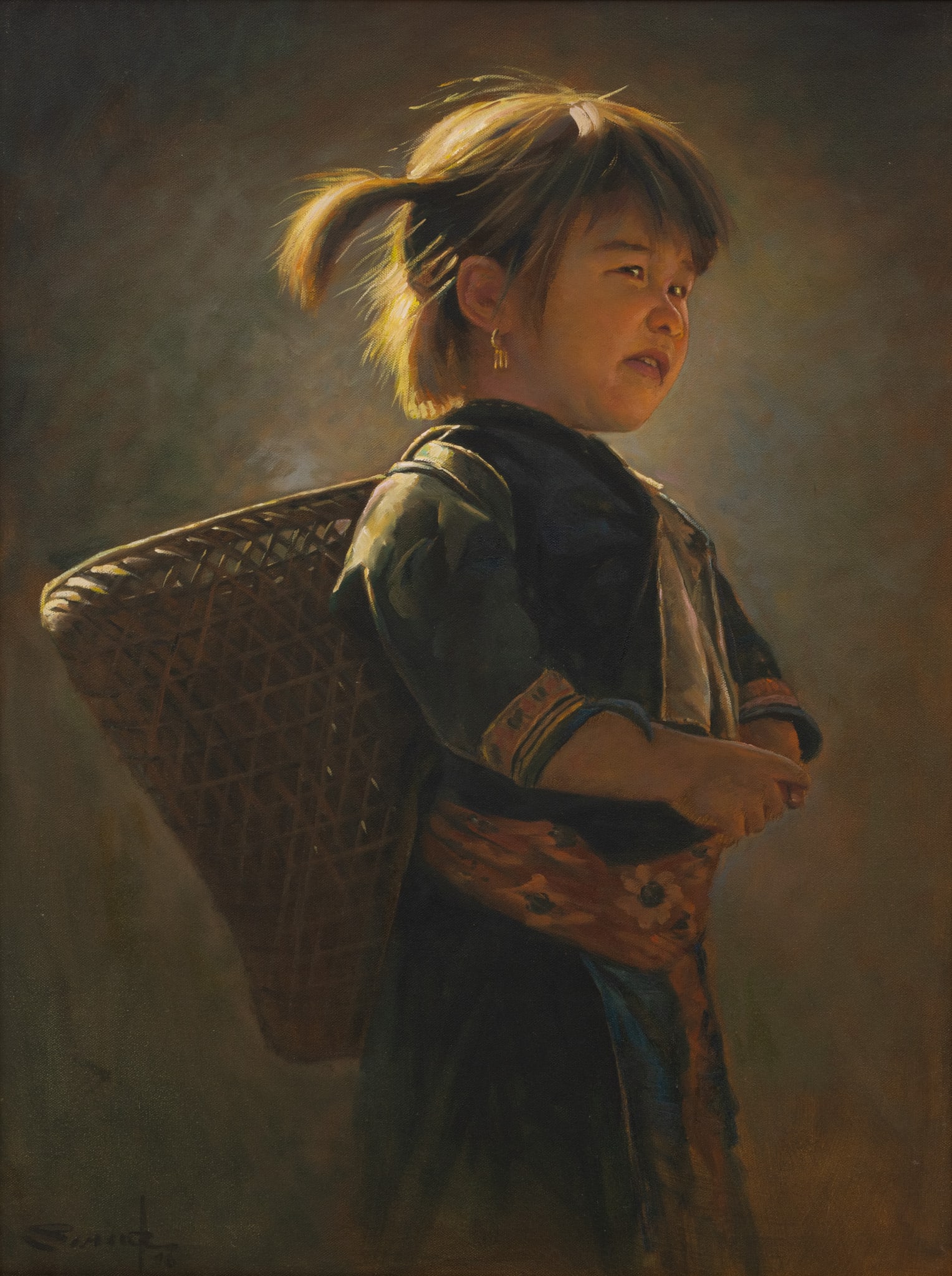 Vietnamese Oil on Canvas 'Girl with Basket', H 31" W 23.5" Frame Size: H 35" W 27" Depth 1" (1 of 7)