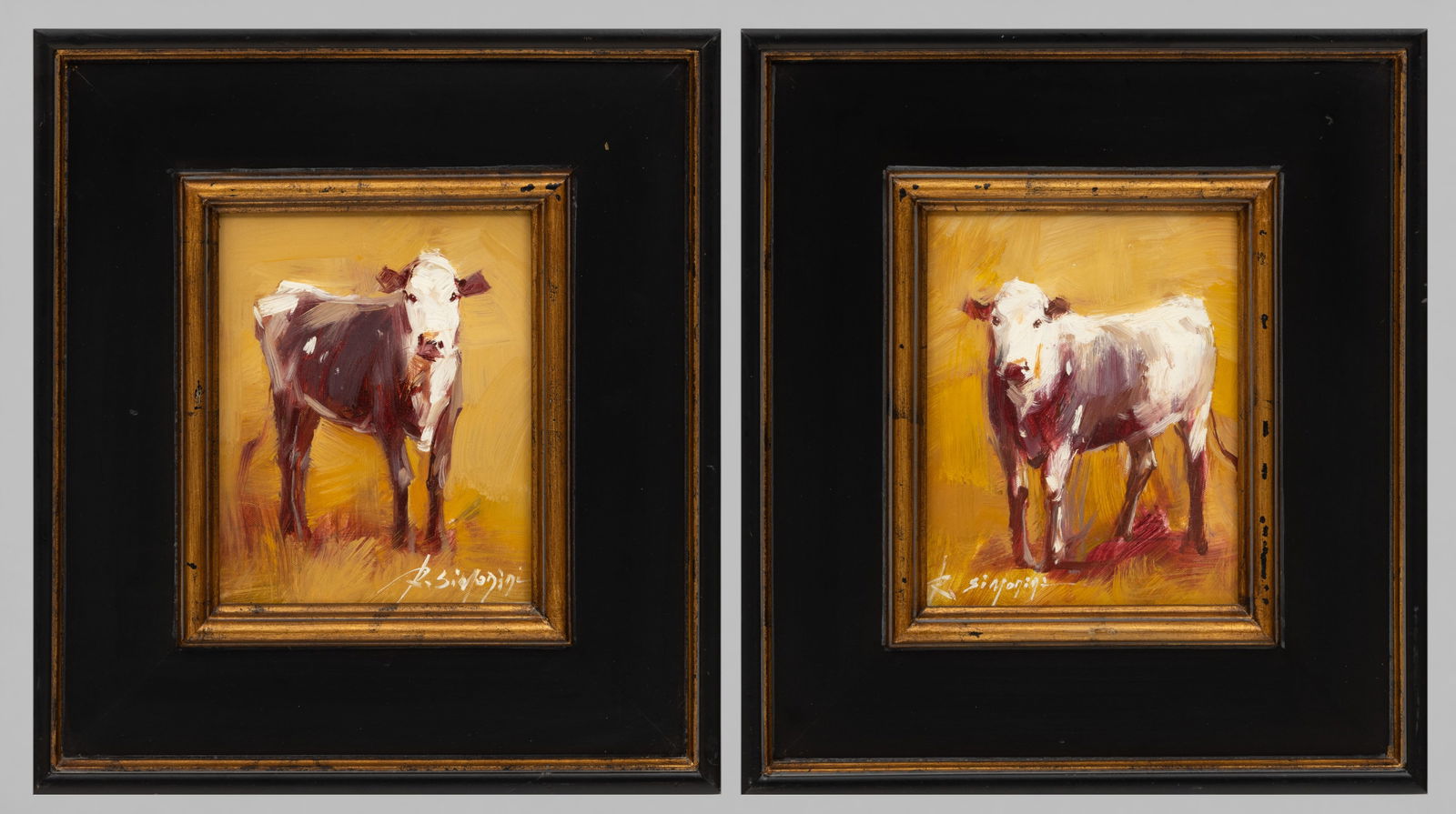 Ray Simonini (Chinese, B. 1981) Oil on Canvas H 9.25" W 7.25" Frame Size: H 18.5" W 16.25" 1 PAIR: Ray Simonini (Chinese, B. 1981) Oil on Canvas H 9.25" W 7.25" Frame Size: H 18.5" W 16.25" 1 PAIR Signed lower right and left "R. Simonini". Provenance: Property from a Bloomfield Hills, MI pri