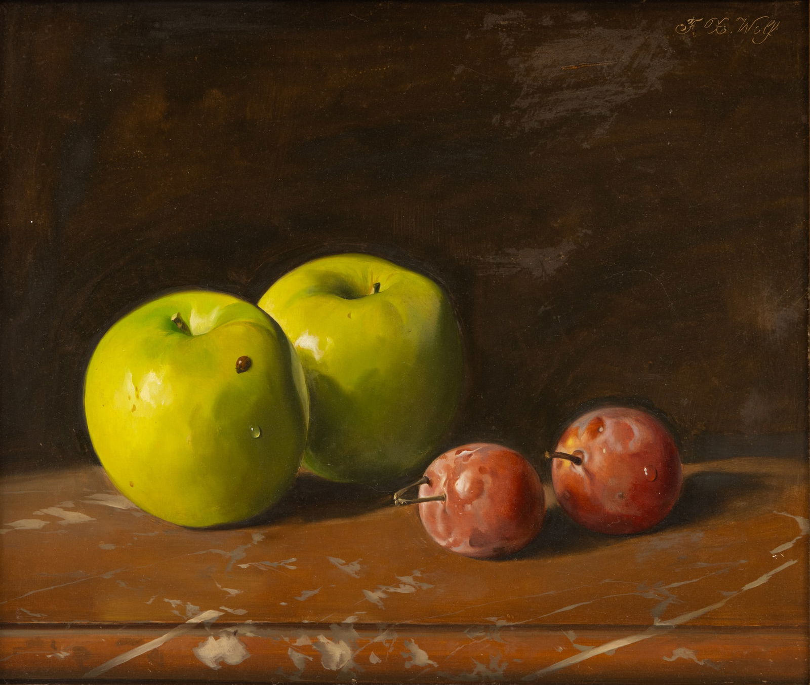 Franz Xaver Wolf (Austrian, 1896-1990) Oil on Masonite, 'Still Life with Apples and Mirabelle (1 of 6)