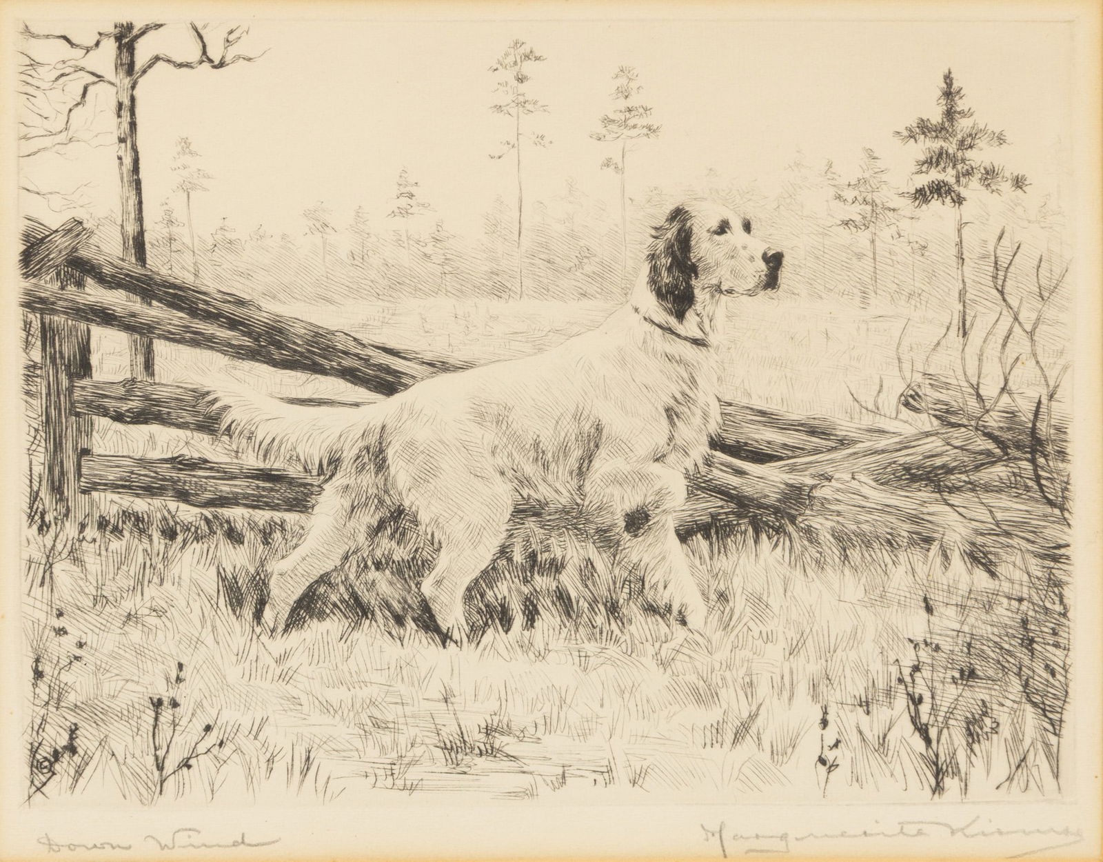 Margurite Kirmse (American, 1885-1954) Etching 'Down Wind', H 6.25" W 8.25" Frame Size: H 13.5" W (1 of 5)