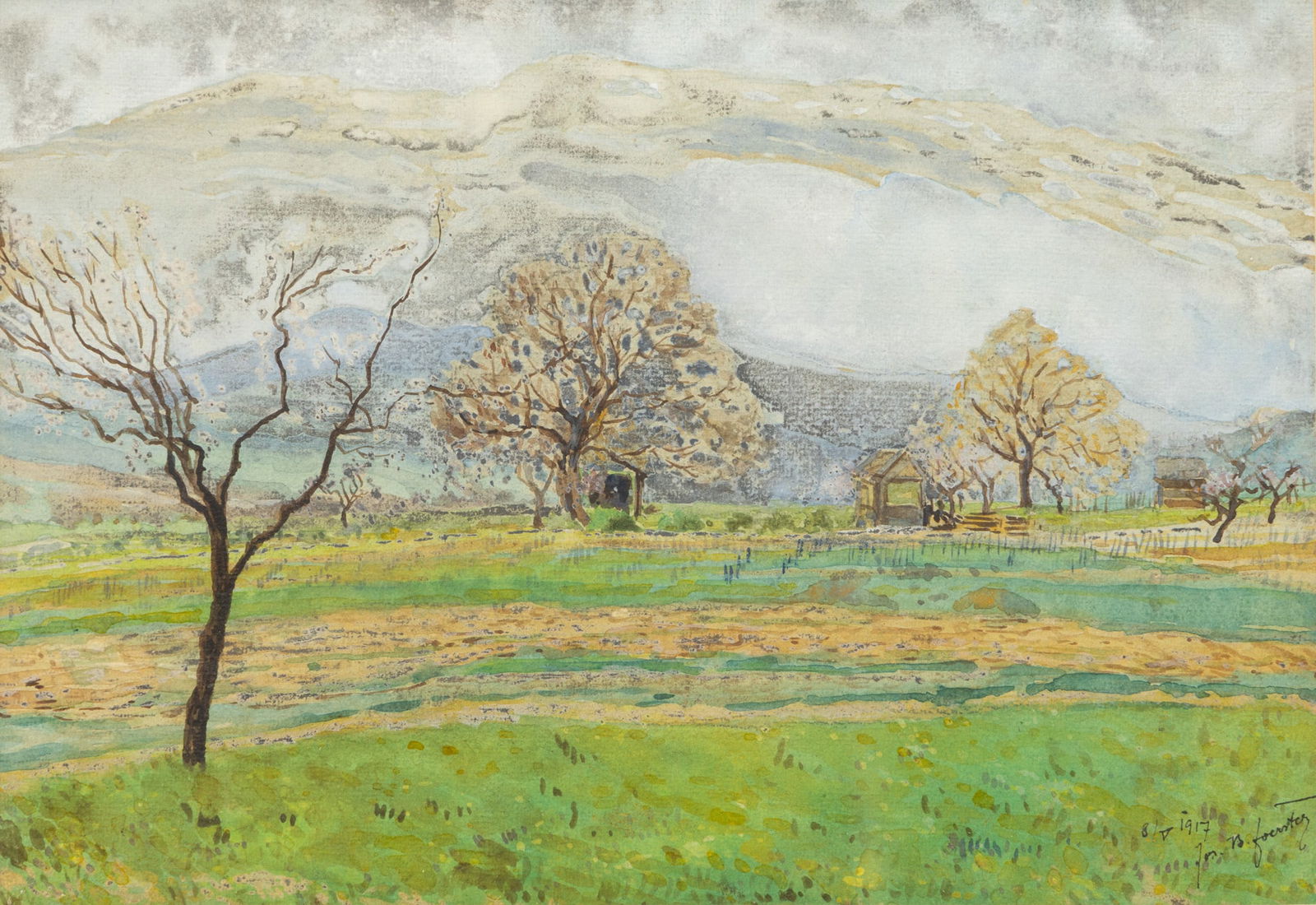 American Watercolor on Paper, 1917, 'Rural Landscape', H 8" W 11.5" Frame Size: H 15.75" W 19.25" (1 of 4)