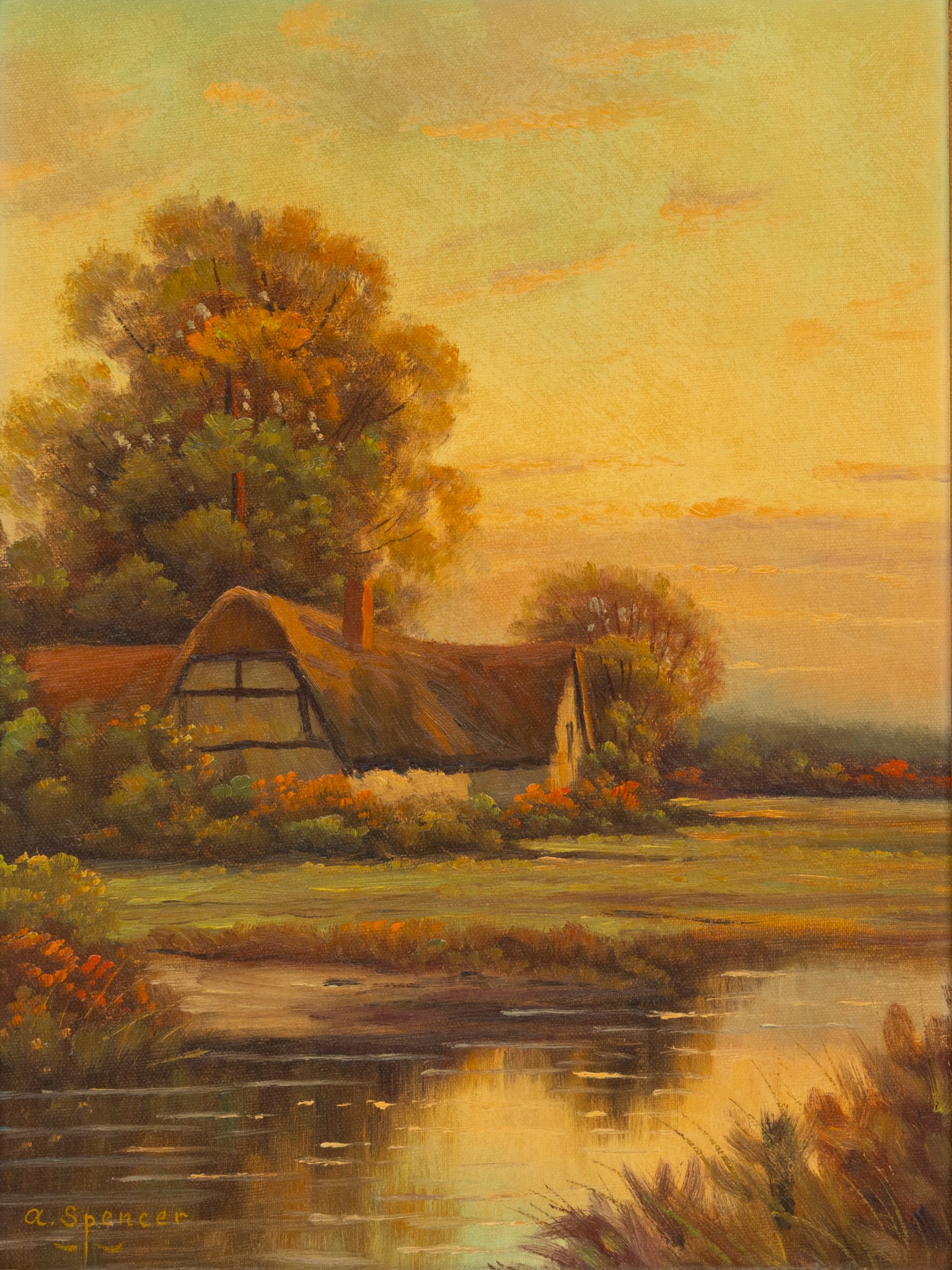 Andrew Spencer (English / American, B. 1896) Oil on Canvas 1940, 'An English Country House', H 16" W: Andrew Spencer (English / American, B. 1896) Oil on Canvas 1940, 'An English Country House', H 16" W 13" Frame Size: H 21" W 17" Depicting a country house with thatched roof in a bucolic landscape.&nb