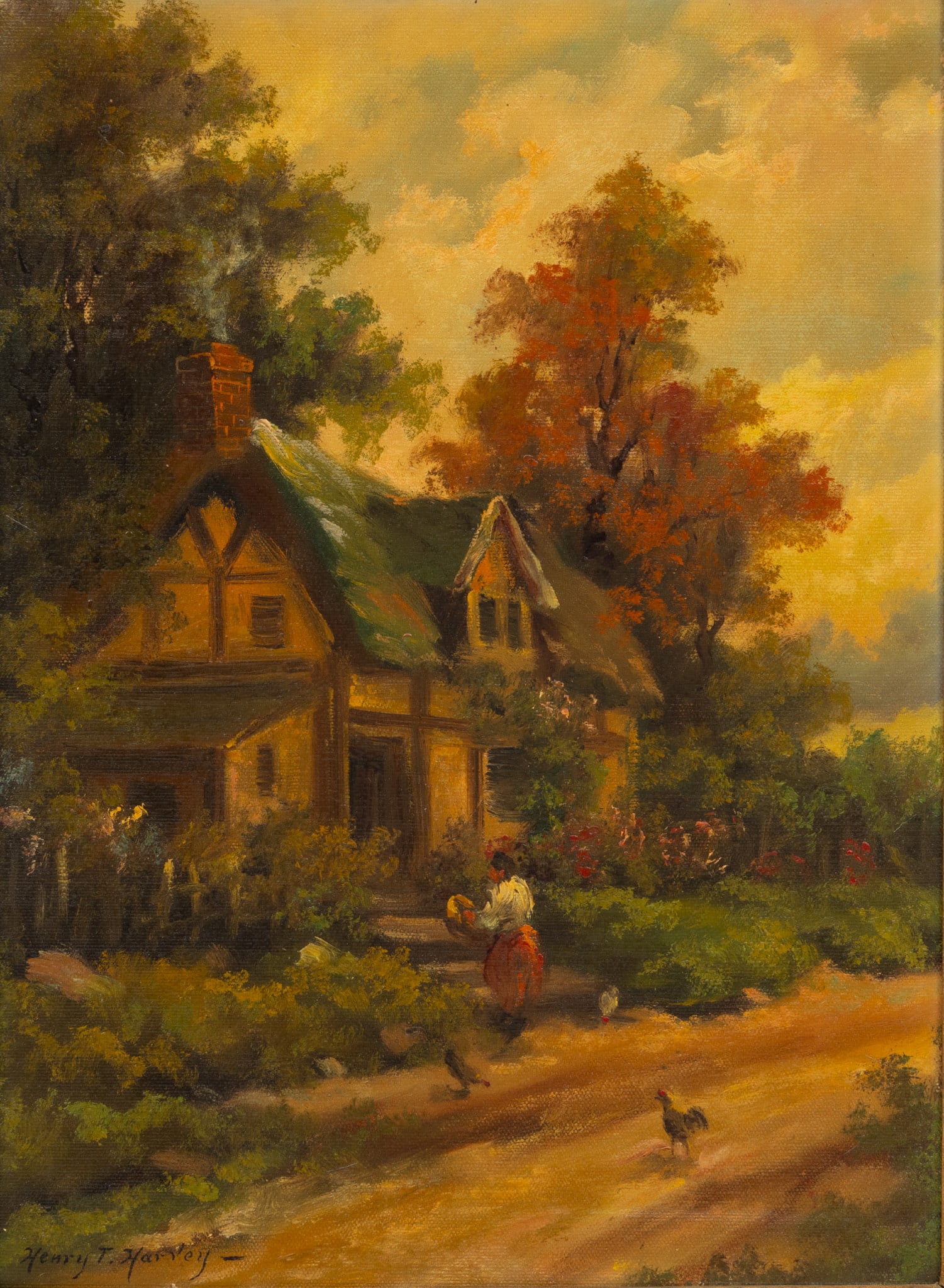 Henry T. Harvey (American, B. 1908) Oil on Canvas 1950-1960, 'English Cottage', H 16" W 12" Frame: Henry T. Harvey (American, B. 1908) Oil on Canvas 1950-1960, 'English Cottage', H 16" W 12" Frame Size: H 21" W 17" English cottage scene of a woman returning to her cottage after feeding chickens. Si