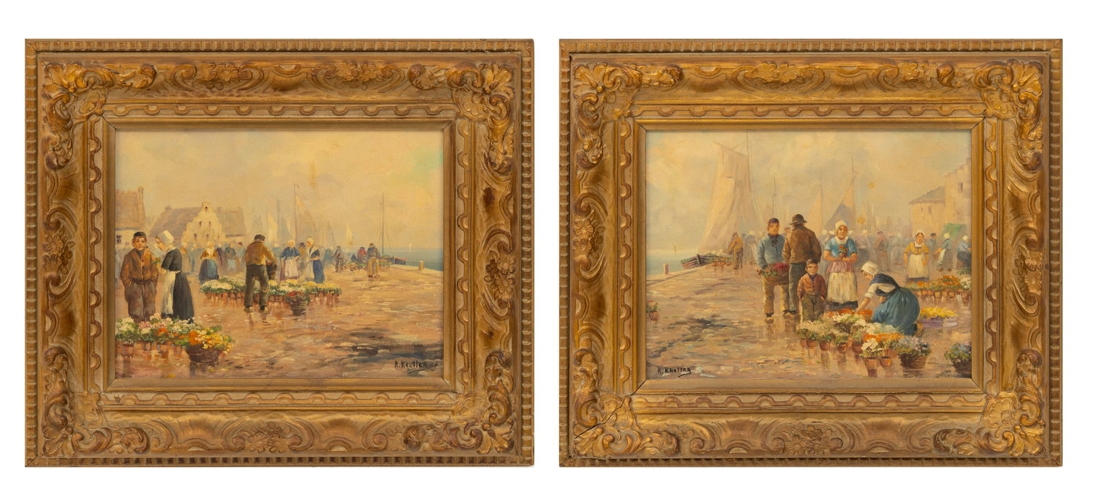 R. Kotter (Dutch, 20th C.) Oils on Canvas, Ca. 1950, 'Flower Sellers', H 7.75" W 10" Frame Size: H (1 of 12)