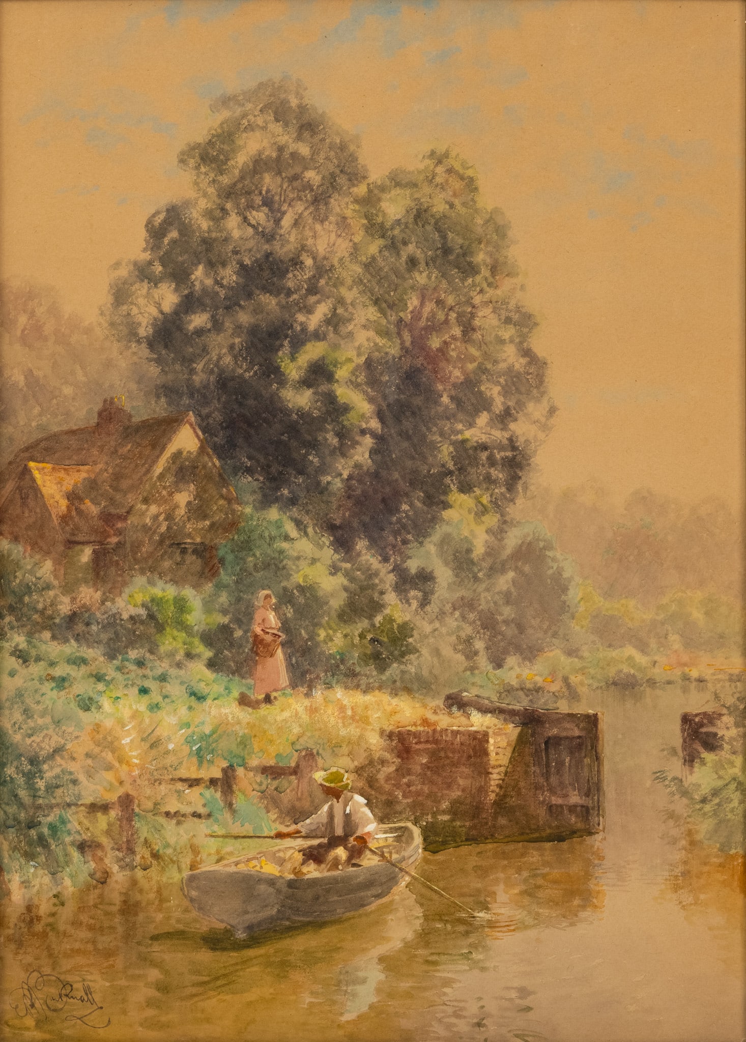 American School Watercolor, Signed 1920, 'Scene with Boy in Rowboat', H 21" W 16" Frame Size: H 27" (1 of 6)