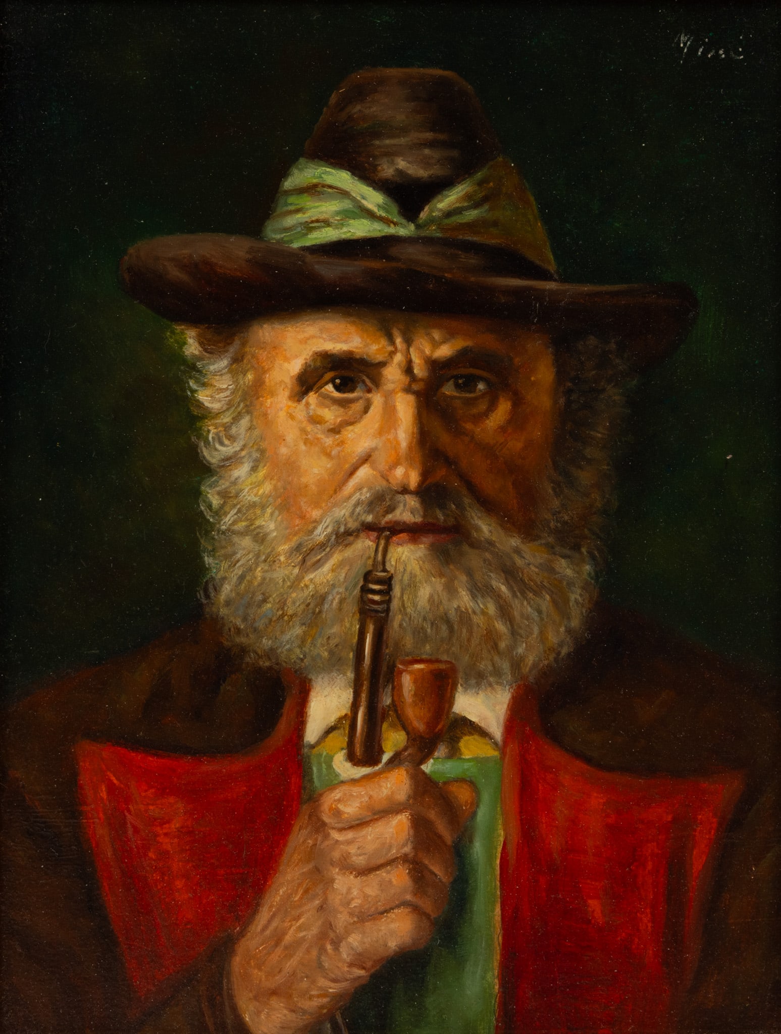 Casper Mine (French, B. 1905) Oil on Masonite, 'Portrait of a Bavarian Gentleman', H 11.5" W 8.5": Casper Mine (French, B. 1905) Oil on Masonite, 'Portrait of a Bavarian Gentleman', H 11.5" W 8.5" Frame Size: H 17" W 14.25" Signed upper right. Portrait of a bearded gentleman holding a pipe to his m