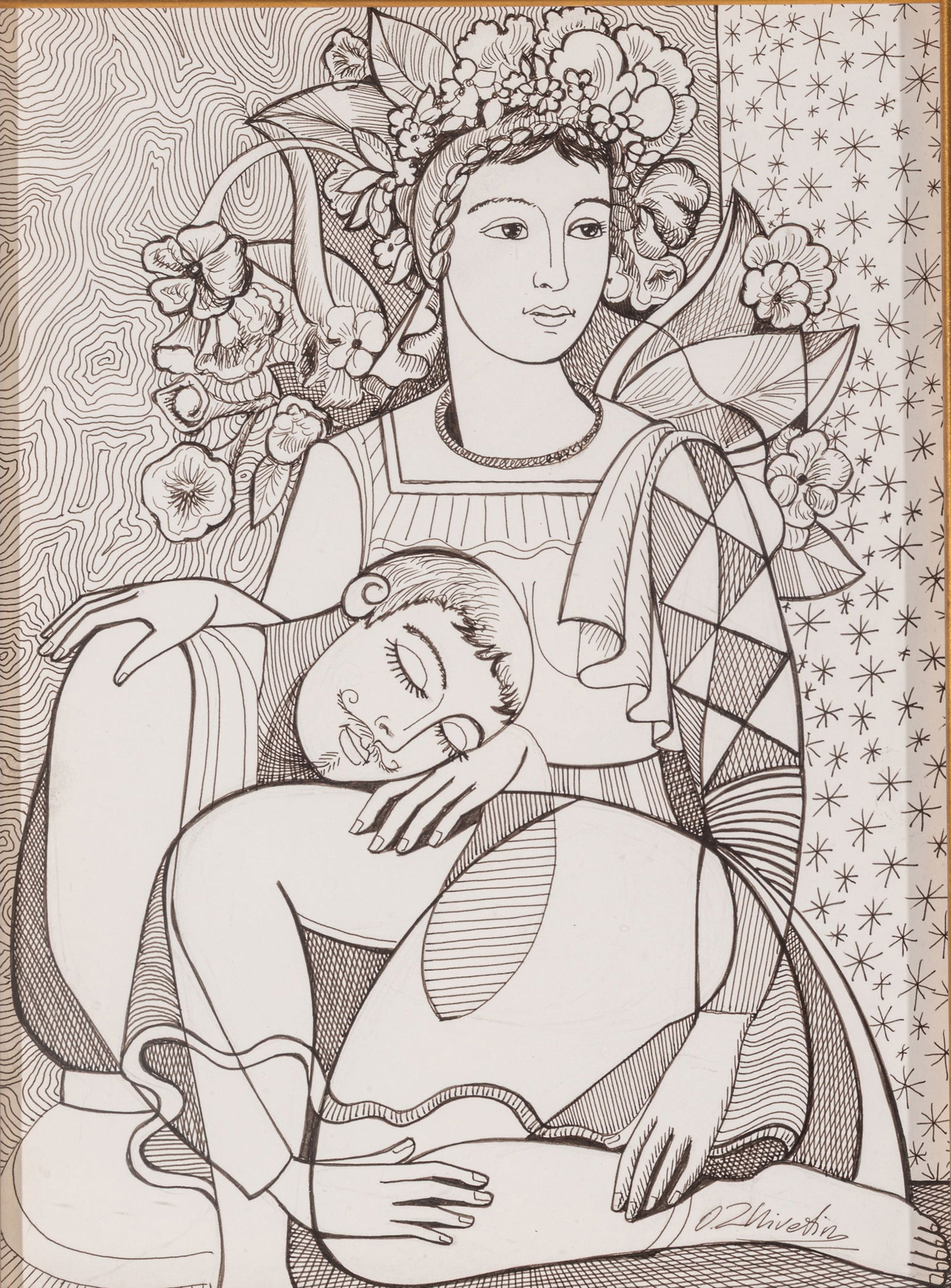 Oleg Zhivetin (Uzbekistan, B. 1964) Ink and Pencil on Paper, 'No. 5', H 11.5" W 8.5" Frame Size: H: Oleg Zhivetin (Uzbekistan, B. 1964) Ink and Pencil on Paper, 'No. 5', H 11.5" W 8.5" Frame Size: H 25" W 22" Signed lower right. Ink and pencil drawing on paper of a young woman with a crown of flower