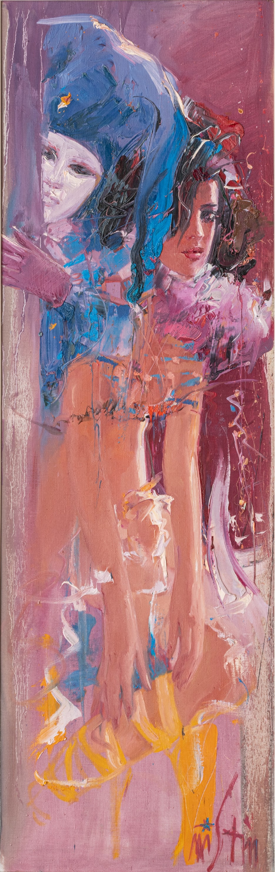 Mstislav (Misti) Pavlov (Russian, B. 1967) Oil on Canvas, 2011, 'Red X Blue', H 49" W 16" Frame: Mstislav (Misti) Pavlov (Russian, B. 1967) Oil on Canvas, 2011, 'Red X Blue', H 49" W 16" Frame Size: H 59" W 25.25" Signed lower right. Signed, titled and dated verso. Depicting a semi nude female fi