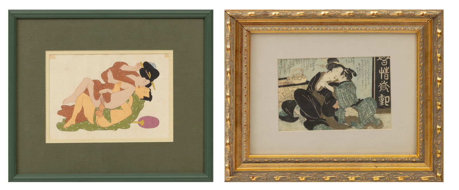 Japanese Shunga, Gouache on Paper and Woodblock Print, H 6" W 4" 2 PCS: Japanese Shunga, Gouache on Paper and Woodblock Print, H 6" W 4" 2 PCS Two Japanese erotic artworks. One gouache on paper of a couple. Image size: H 4.5", W 6.5". Matted and framed under glass, H 11",