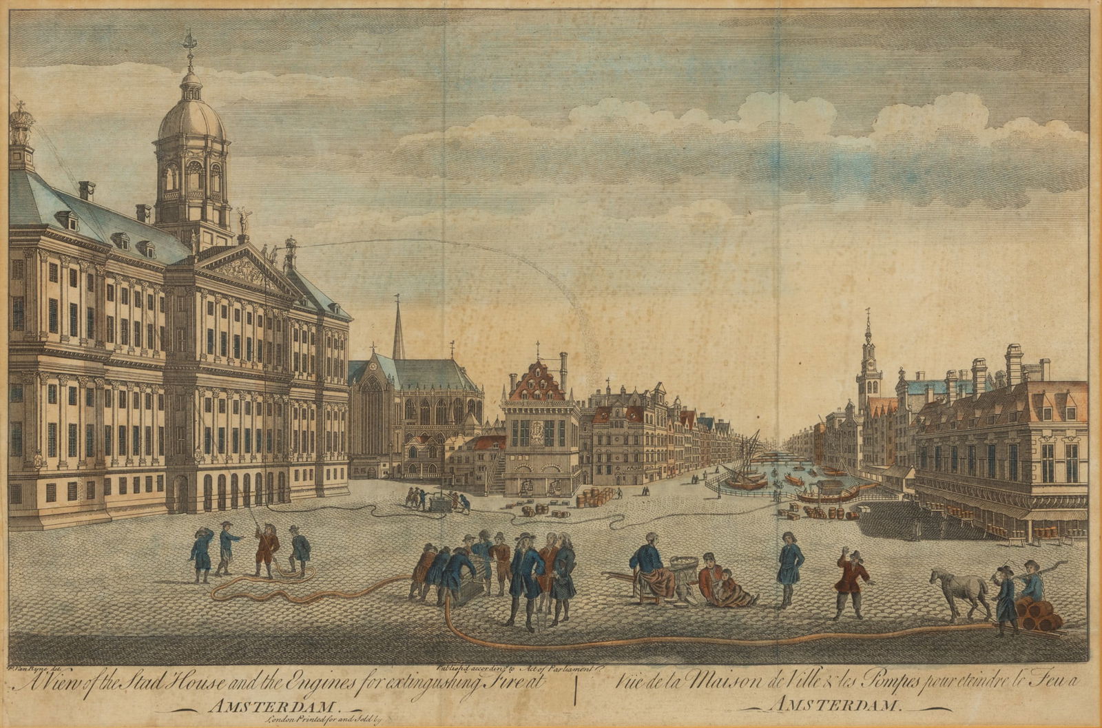 After Peter Van Ryne (Dutch, 18th C.) Hand Colored Engraving on Paper, Ca. Late 18th C., 'View of: After Peter Van Ryne (Dutch, 18th C.) Hand Colored Engraving on Paper, Ca. Late 18th C., 'View of the Stadt House and the Engines for Extinguishing Fires', H 10" W 15" Frame Size: H 18.5" W 23.75" Han