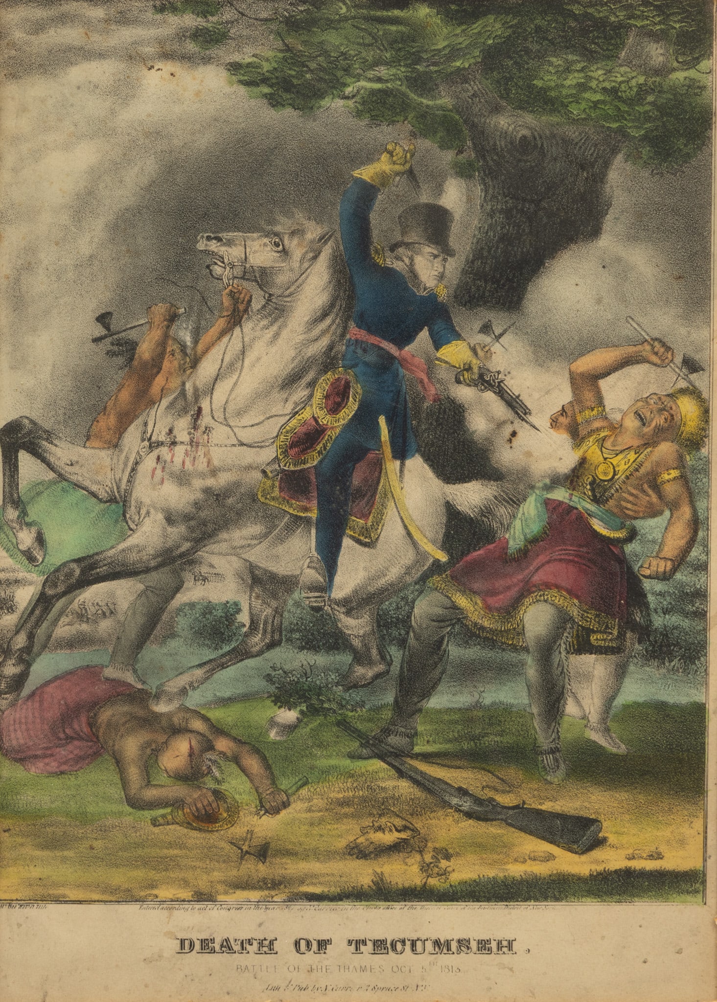Nathaniel Currier Hand Colored Lithograph 1846, 'Death of Tecumseh', H 12" W 9" Frame Size: H 21" W (1 of 6)