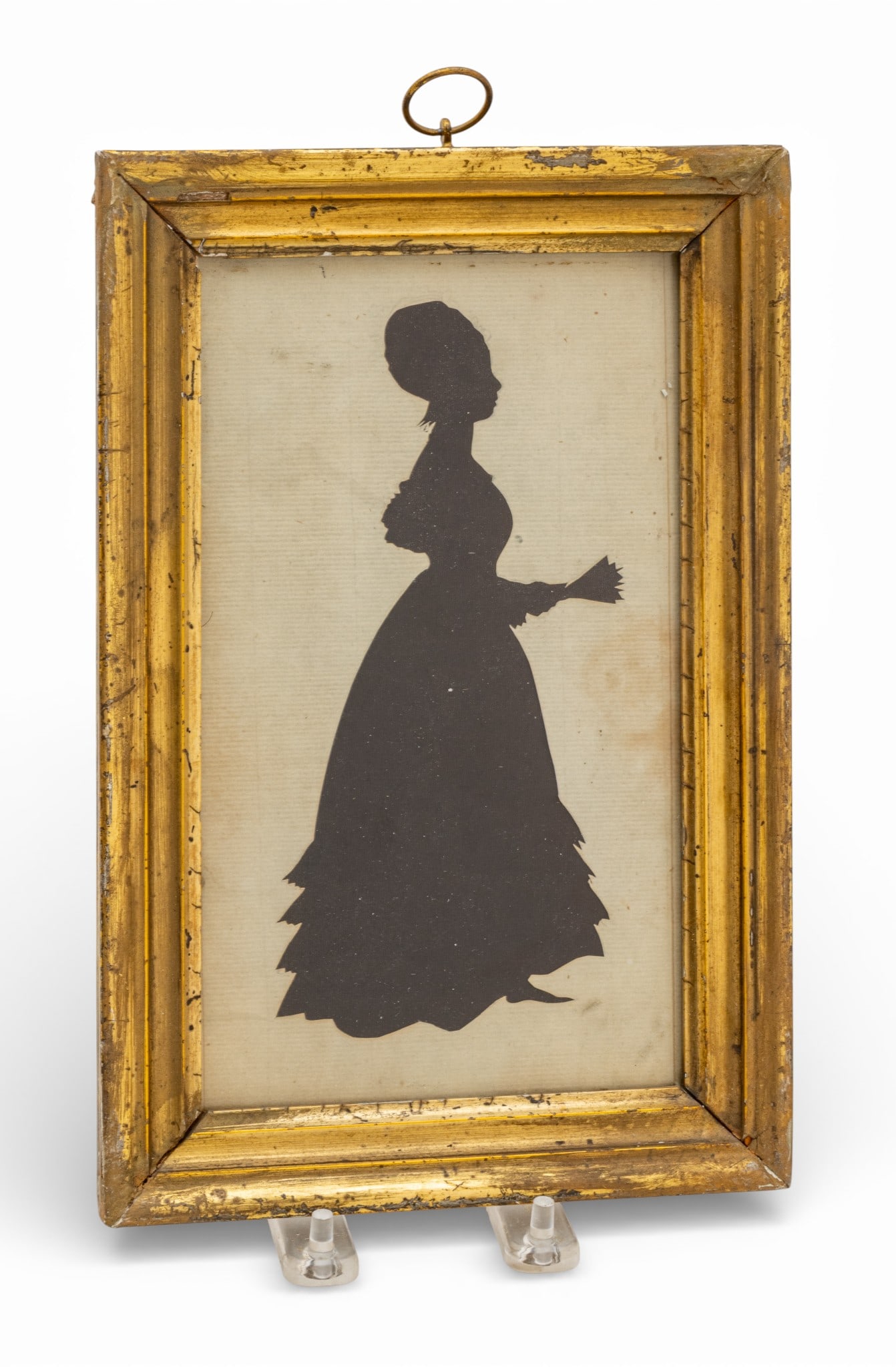 English Silhouette, Woman with Fan, Ca. 1880, H 8" W 5" 1 PC: English Silhouette, Woman with Fan, Ca. 1880, H 8" W 5" 1 PC Woman holding fan 8.5" X 5". Carefully cut black paper on buff paper. Gilt original frame. Pine backboard. Provenance: Proper