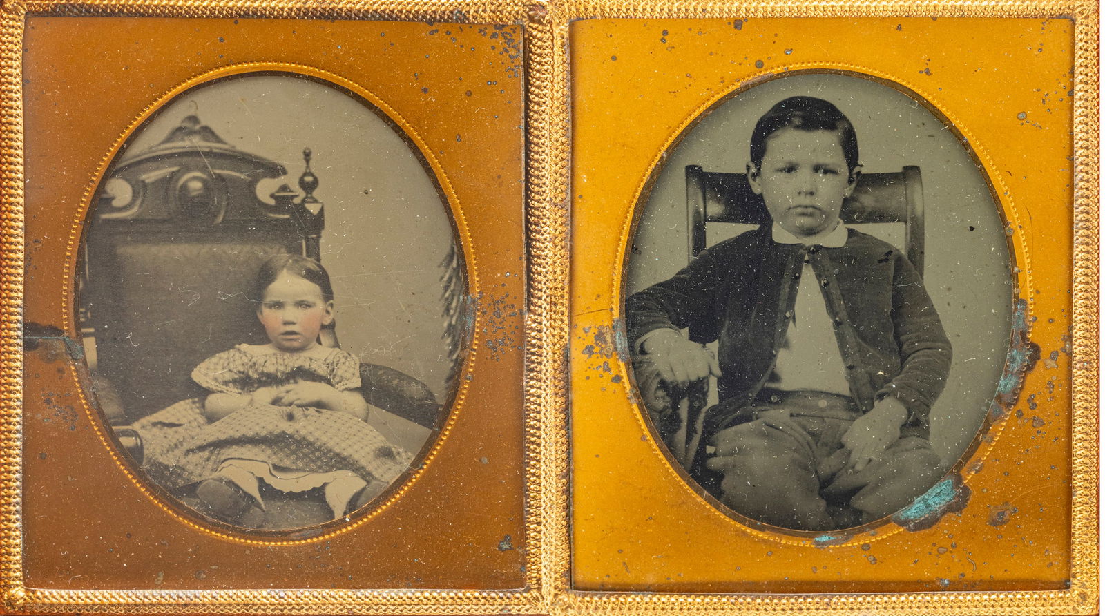 Six Plate Ambrotype of Boy and Girl, Ca. 1860, H 2.5" W 2" Frame Size: H 3.75" W 7" 2 PCS (1 of 5)