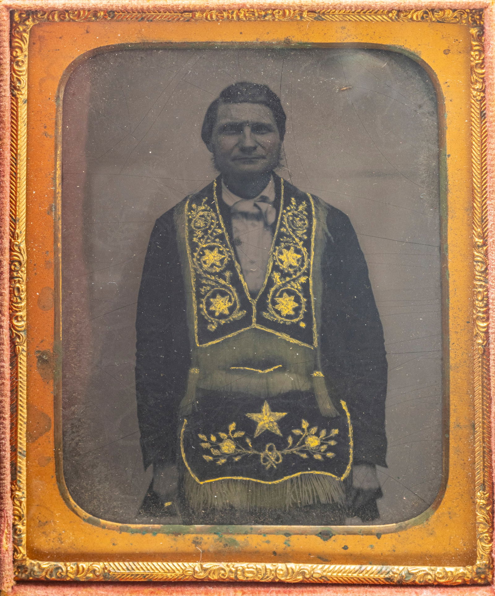 1/4 Plate Tintype of Man in Odd Fellows Collar and Apron, Ca. 1860, H 3.5" W 2.75" Frame Size: H (1 of 4)