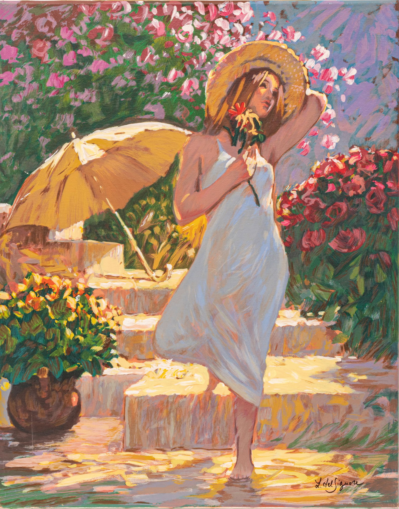 Littorio Del Signore (Canadian, B. 1938) Serigraph on Canvas, 'La Joie De Vive', H 31.5" W 25": Littorio Del Signore (Canadian, B. 1938) Serigraph on Canvas, 'La Joie De Vive', H 31.5" W 25" Hand signed lower right. Edition 96/150 on verso. Depicting a young woman in a sundress standing in a ros