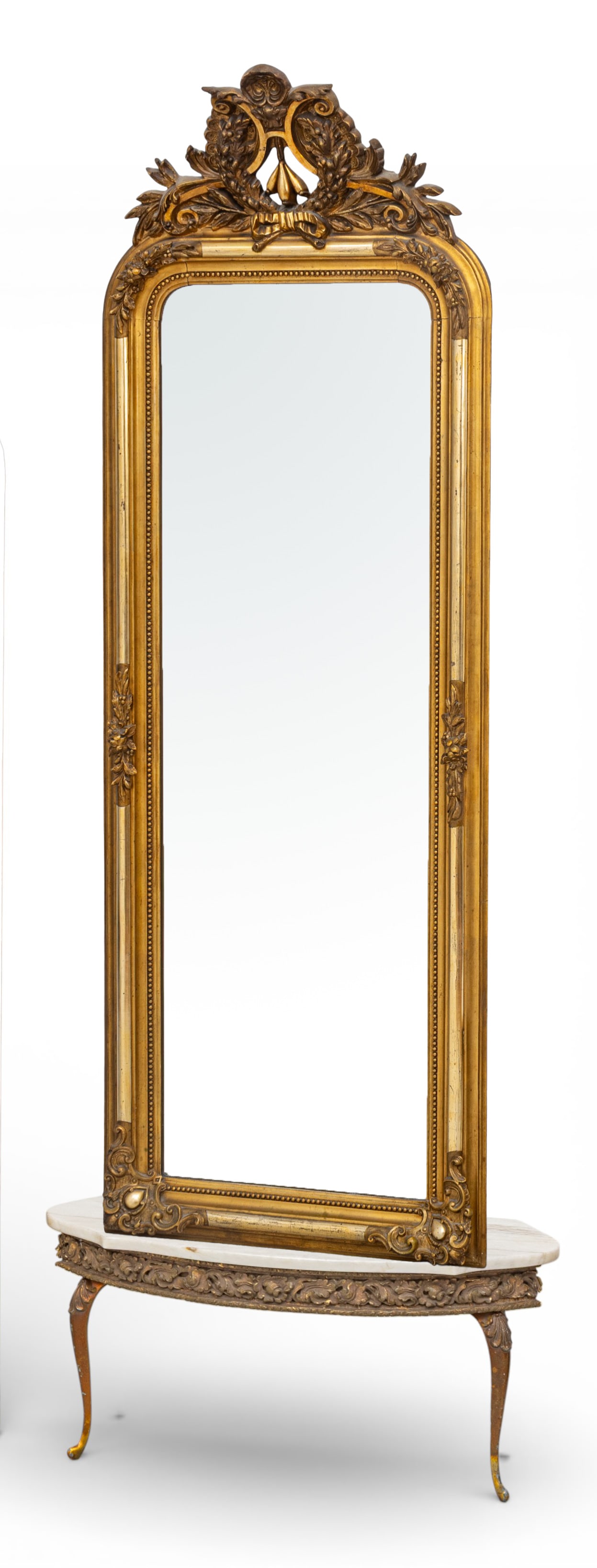 French Gothic Revival Carved Wood, Gesso, and Gold Leaf Pier Miroor 1860-1880, H 74" W 26" (1 of 9)