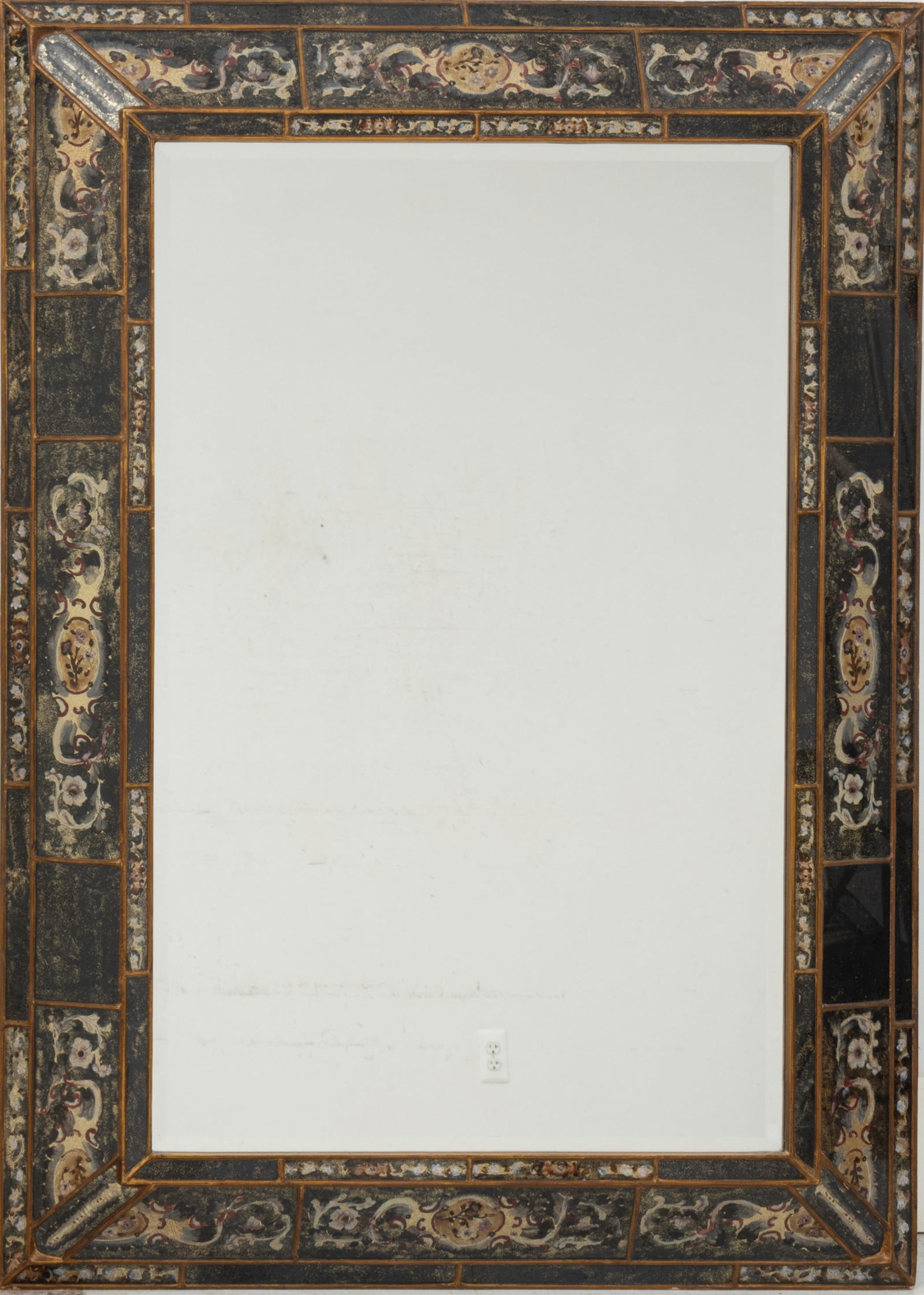Paradigm Mirror with Painted Glass Frame H 47" W 33.5": Paradigm Mirror with Painted Glass Frame H 47" W 33.5" Having a black and gold floral reverse painted glass panel frame. Rectangular beveled glass. Provenance: Property of a Village of Clarkston, MI
