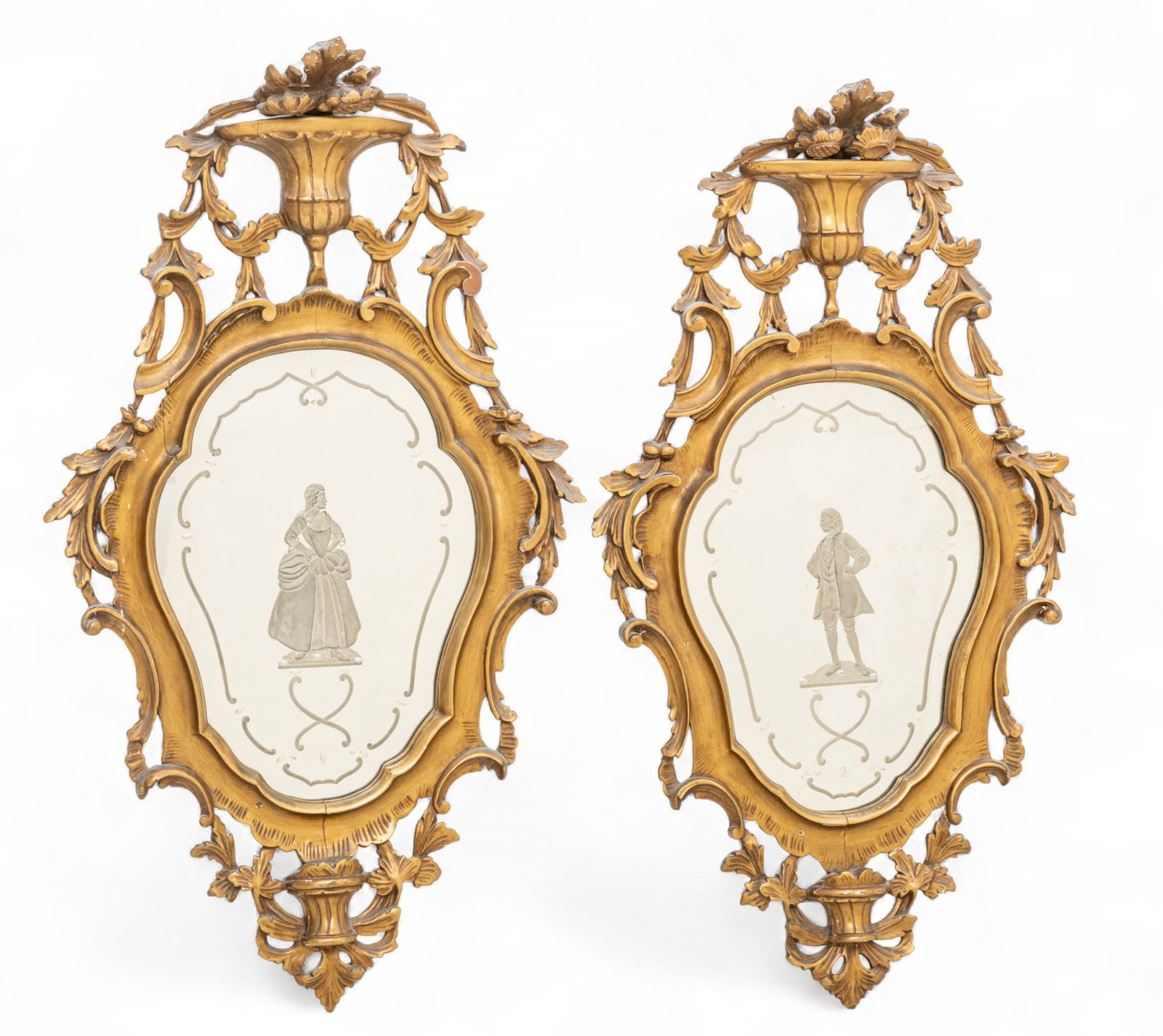 Italian Rococo Style Giltwood and Gesso Mirrors, Ca. Early to Mid 20th C., H 34" W 19" 2 PCS (1 of 7)