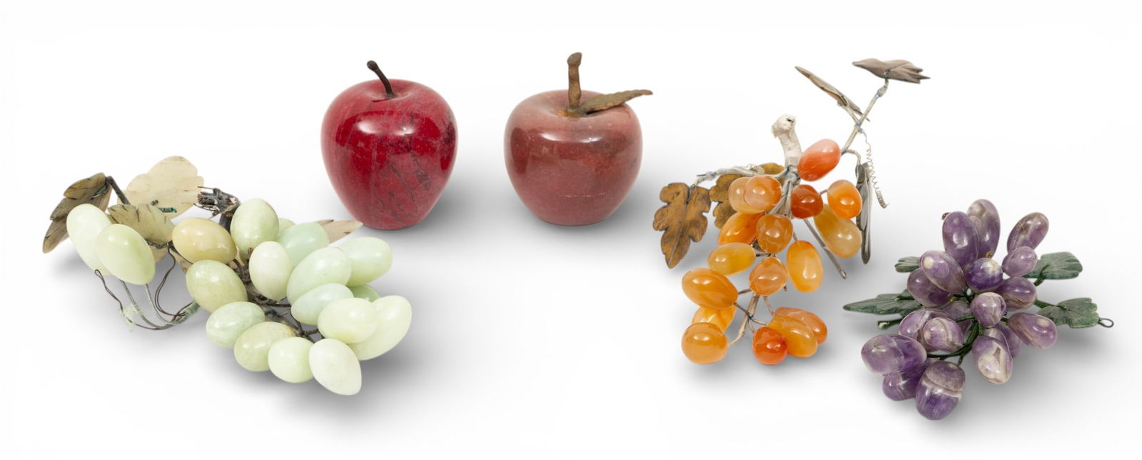 Chinese Hand Carved Carnelion, Quartz, Amethyst, Serpentine Fruit, 2 Hardstone Apples 1960, L 9" (1 of 3)