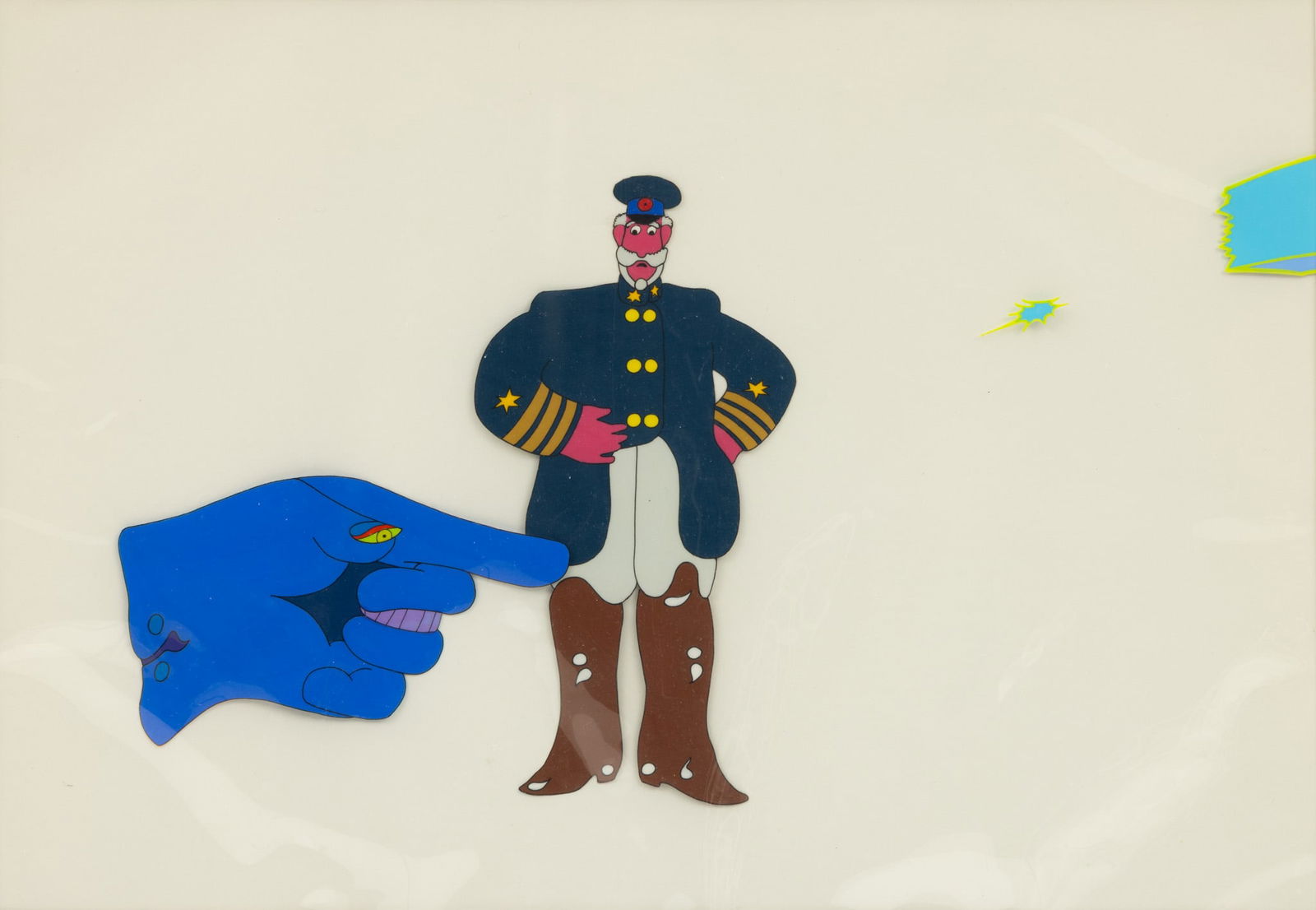 Hand Painted Animation Cel, Old Fred and the Dreadful Flying Glove, from the Beatles' 'Yellow: Hand Painted Animation Cel, Old Fred and the Dreadful Flying Glove, from the Beatles' 'Yellow Submarine' Animated Film, Ca. 1968, H 10" W 14" Frame Size: H 17" W 21" The Dreadful Flying Glove touching
