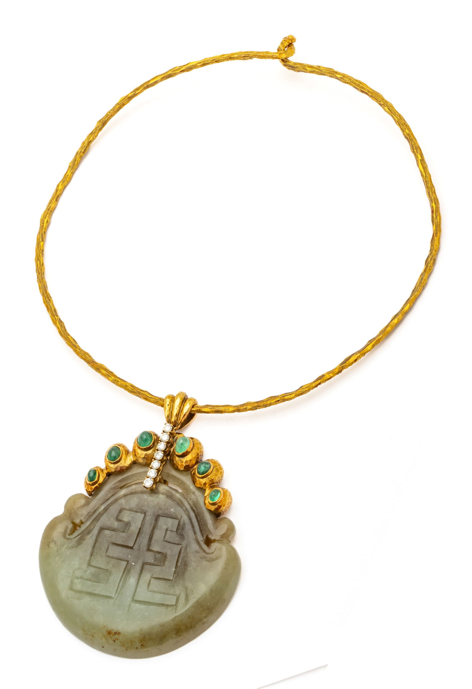 Diamond, Emerald, Jade and 18K Gold Necklace with Pendant L 7.5" Dia. 5" 2.5 t oz 1 PC: Diamond, Emerald, Jade and 18K Gold Necklace with Pendant L 7.5" Dia. 5" 2.5 t oz 1 PC Impressed 18K. Green carved jade pendant 55 x 58mm embellished with seven full cut and prong set diamonds @ .10ct