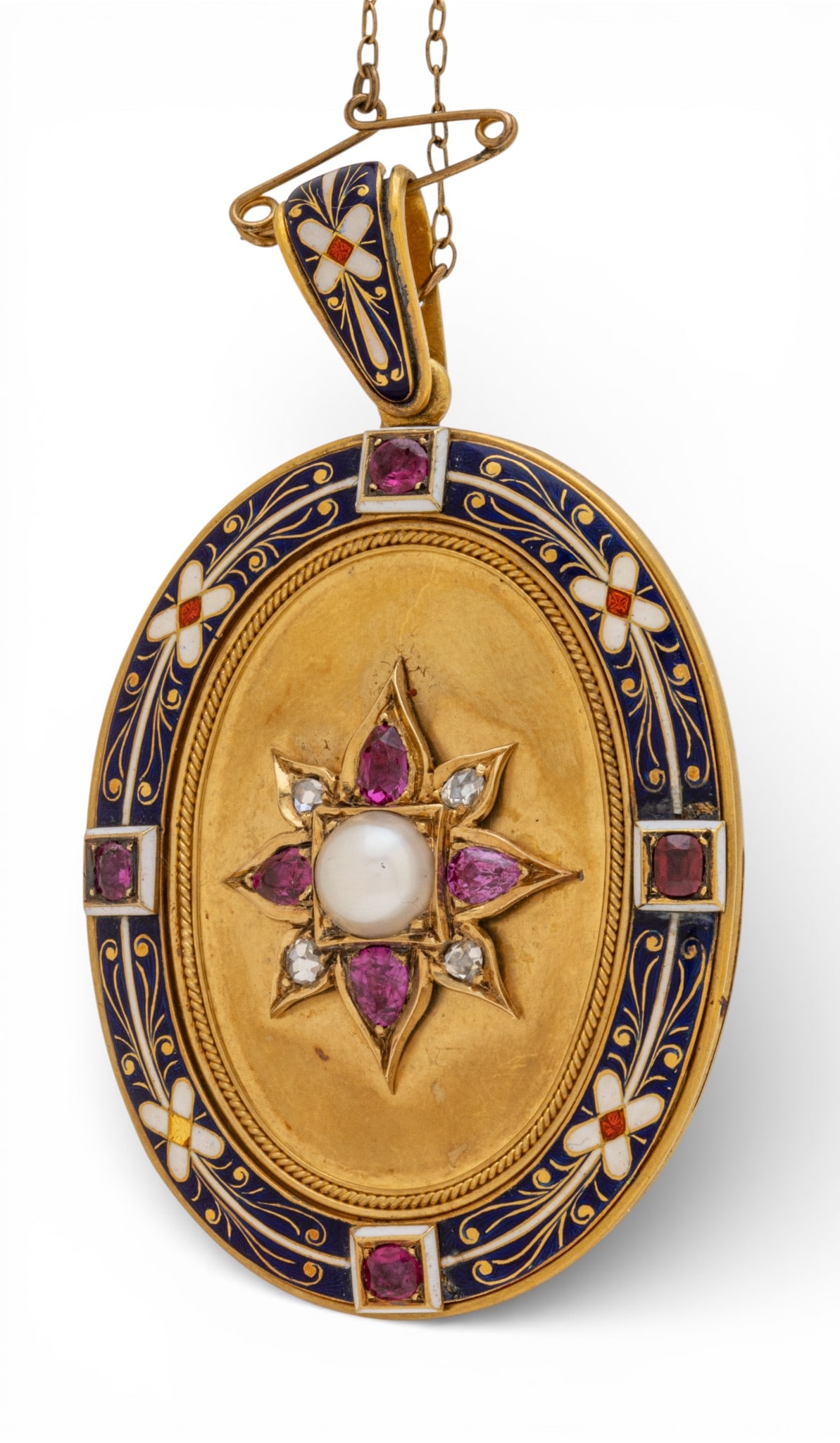 Empress Eugenie's Locket with Photo, Ruby, Diamond, 18K Gold, Enamel 1881, H 2.5" 44.7 g 1 PC: Empress Eugenie's Locket with Photo, Ruby, Diamond, 18K Gold, Enamel 1881, H 2.5" 44.7 g 1 PC Engraved surrounding portrait: "From the Empress Eugenie to Frances Elizabeth Sheppard 25th. July 1881". F