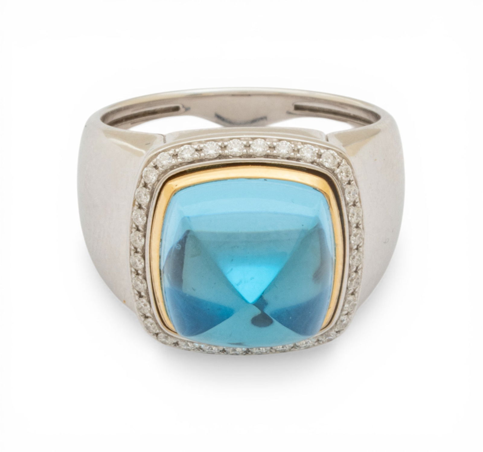 Fred, 9.4 Ct Sugarloaf Swiss Blue Topaz and 18kt White Gold Pain De Sucre Medium Model Customizable: Fred, 9.4 Ct Sugarloaf Swiss Blue Topaz and 18kt White Gold Pain De Sucre Medium Model Customizable Ring Size 6.5 16.77 g Swiss Blue topaz and white gold Pain de Sucre sugarloaf cabochon ring by famed