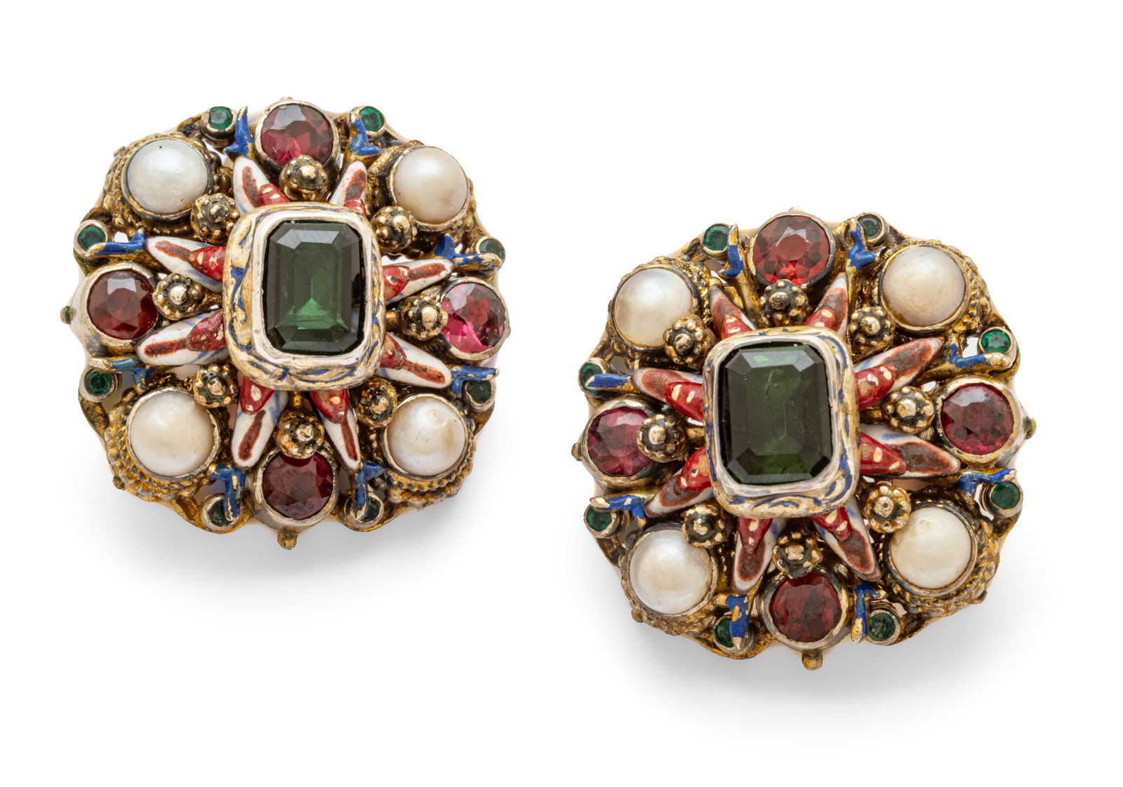 Austro Hungary Earrings: Tourmaline, Garnet, Pearl, Enamel 1880, 27 g 1 PAIR: Austro Hungary Earrings: Tourmaline, Garnet, Pearl, Enamel 1880, 27 g 1 PAIR Center tourmaline with four garnets, four pearls and enamel accents. All bezel set. Screw backs. Silver mounts. Dimen