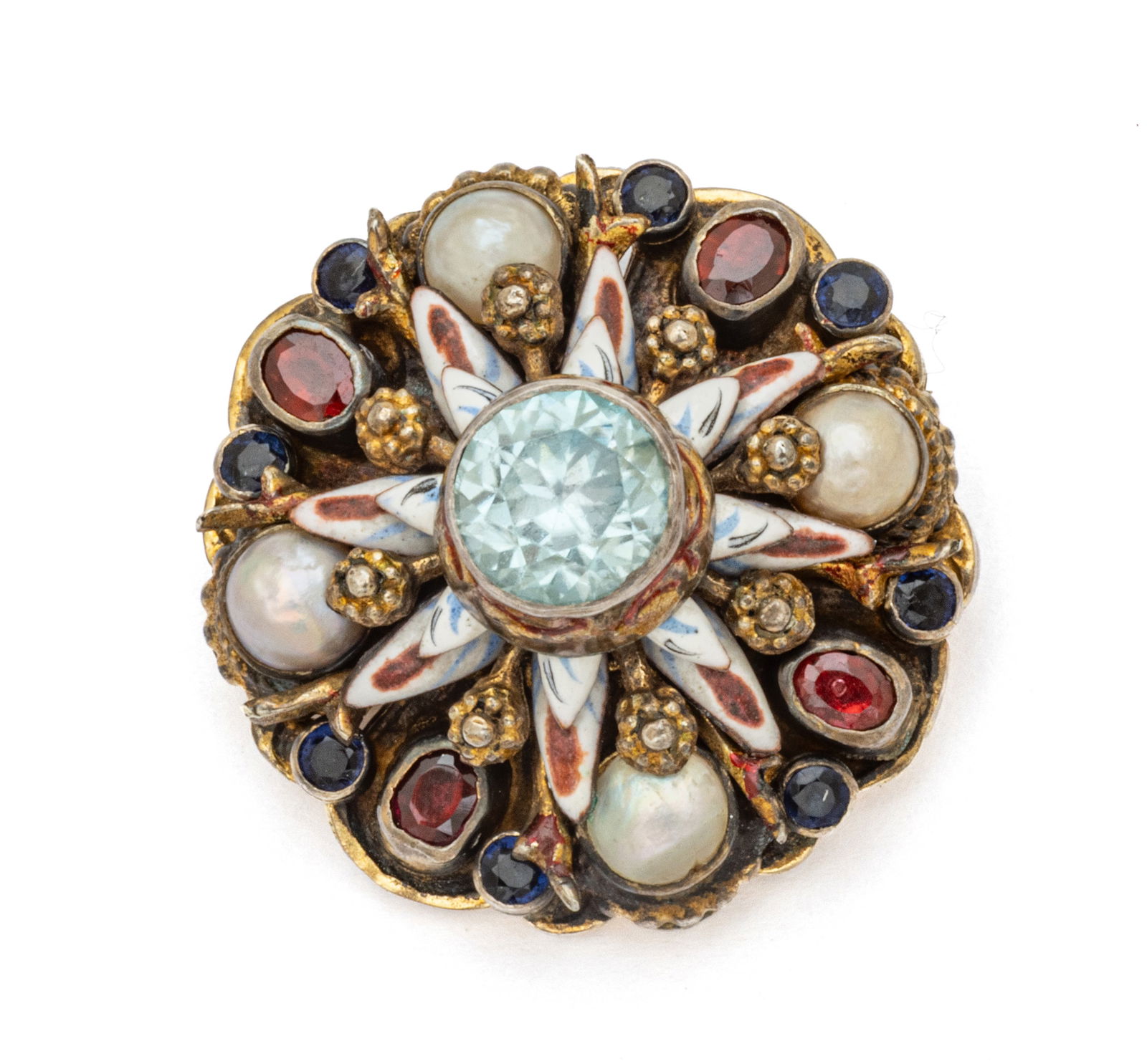 Austro Hungary Brooch: Zircon, Pearls, Garnets, Silver 1880, Dia. 1" 12 g 1 PC: Austro Hungary Brooch: Zircon, Pearls, Garnets, Silver 1880, Dia. 1" 12 g 1 PC Silver setting. Enamel highlights. Bezel set stones. Hand made. Dimensions: Dia 1" 12 g 1 PC