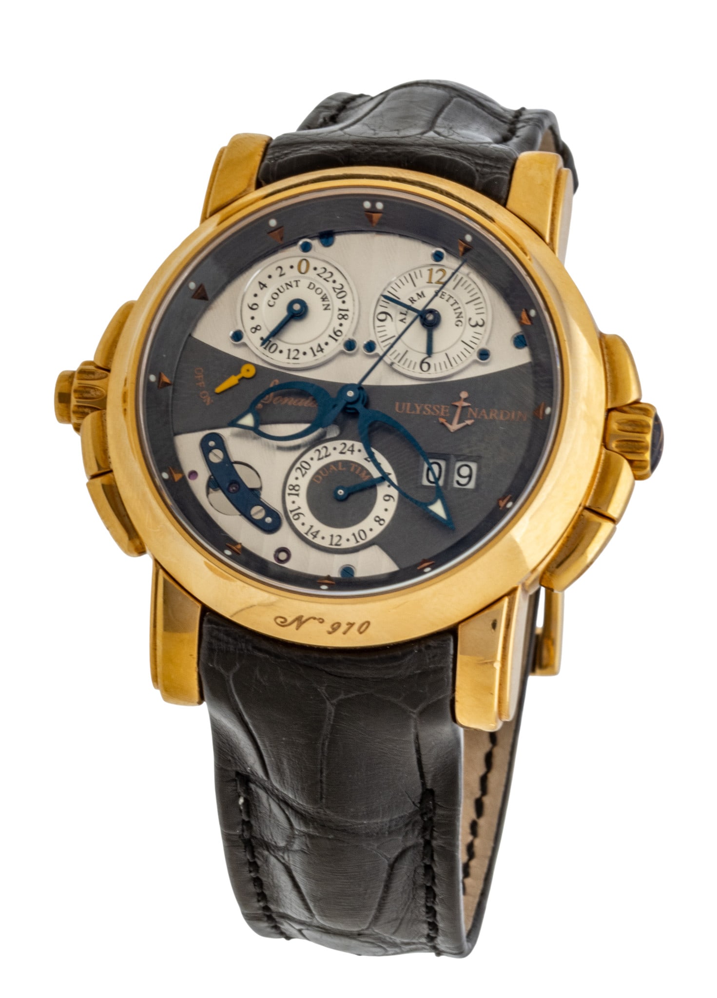 Ulysse Nardin (Swiss) 18K Rose Gold Limited Edition Design Wristwatch, Ca. 2011-2012, 'Sonata: Ulysse Nardin (Swiss) 18K Rose Gold Limited Edition Design Wristwatch, Ca. 2011-2012, 'Sonata Silicium', Dia. 41.7mm Reference 676-88. No. 970 . Having "Cathedral" alarm lower left of dial. 24 ho