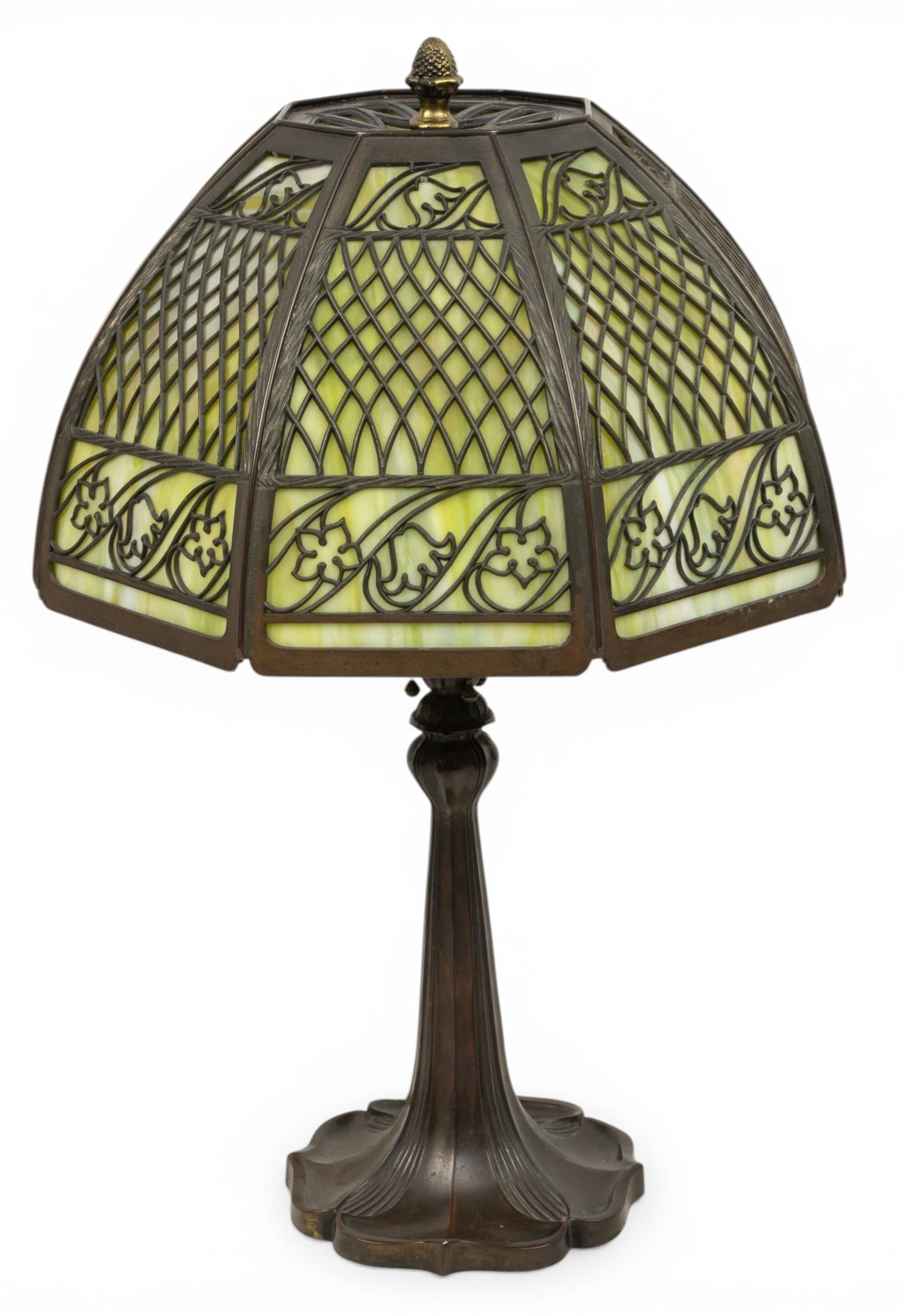 Bradley & Hubbard (American) Slag Glass and Metal Filigree 8 Panel Table Lamp, Ca. Early 20th C., H: Bradley & Hubbard (American) Slag Glass and Metal Filigree 8 Panel Table Lamp, Ca. Early 20th C., H 23" Dia. 15" Green swirl slag glass with lattice and bell flower pattern patinated metal filigree sh