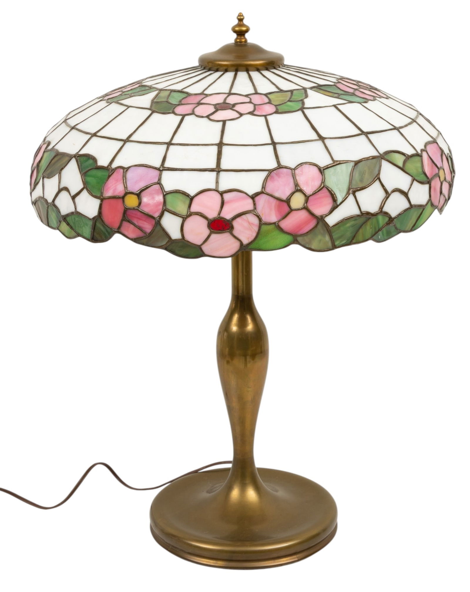 Lamb Brothers (American) Leaded and Stained-glass Shade Lamp, Ca. 1920, 'Dogwood Pattern', H 23": Lamb Brothers (American) Leaded and Stained-glass Shade Lamp, Ca. 1920, 'Dogwood Pattern', H 23" Dia. 19" 1 PC Dome shade with two rows of pink flowers against a white slag glass panel ground. Brass b