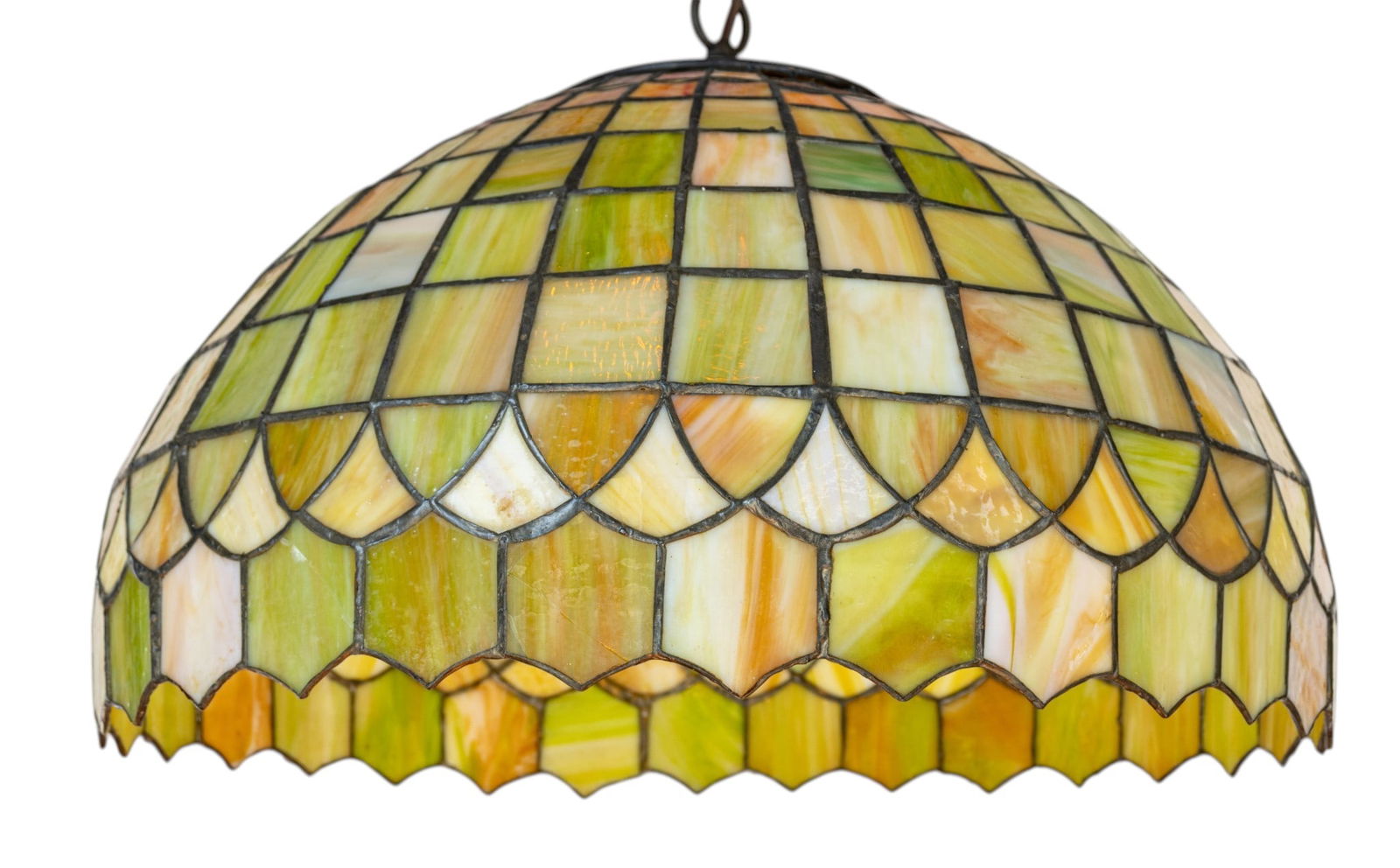 American Leaded Slag Glass Hanging Shade 1960, H 14" Dia. 20": American Leaded Slag Glass Hanging Shade 1960, H 14" Dia. 20" Comprised of graduated rectangular and arched slag glass panels rise to a patinated metal cap. Single light. Chain length 10". Ceiling cap